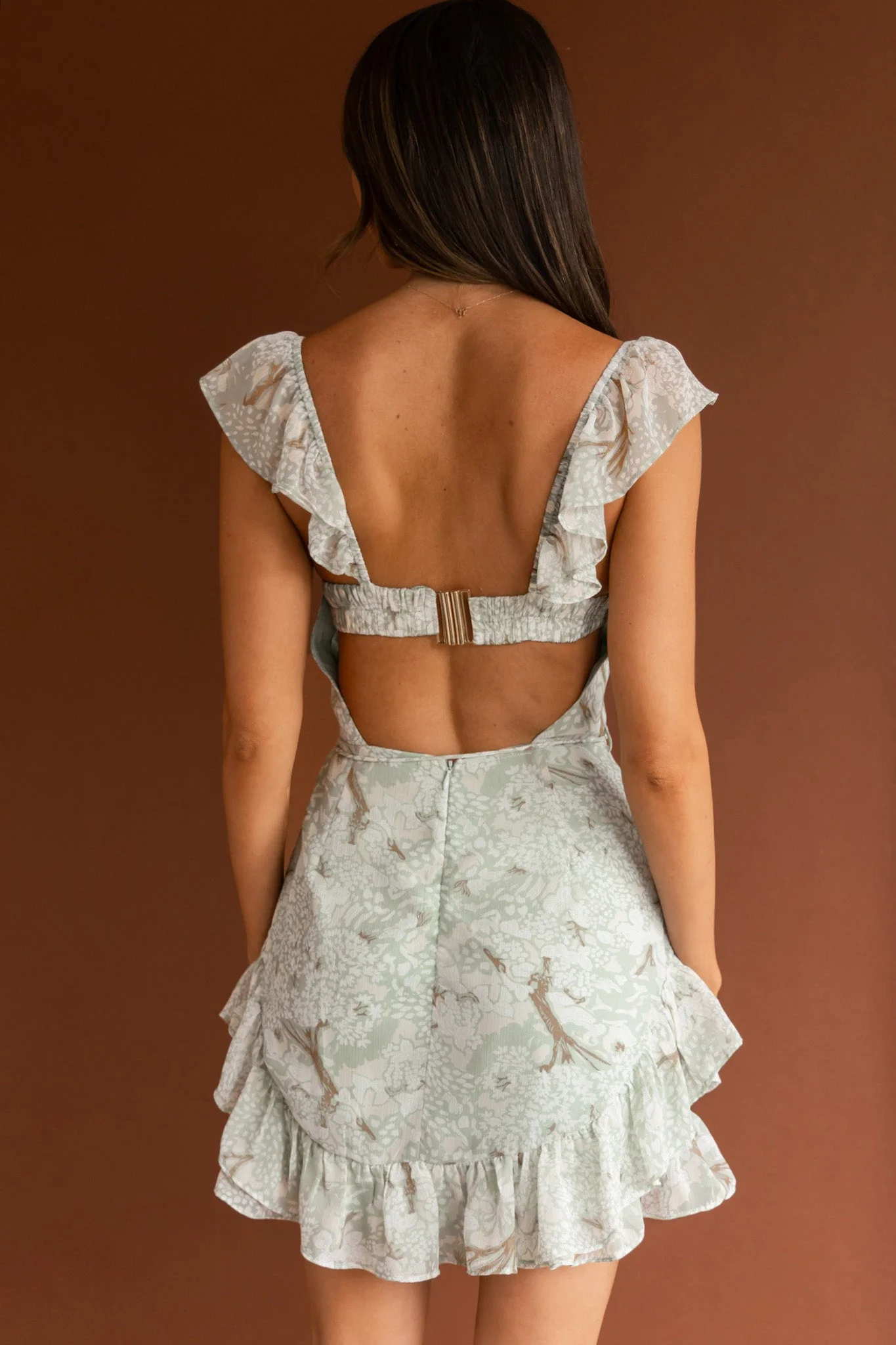 Liz Gathered Bust Frill Trim Dress Floral Sage - Image 2