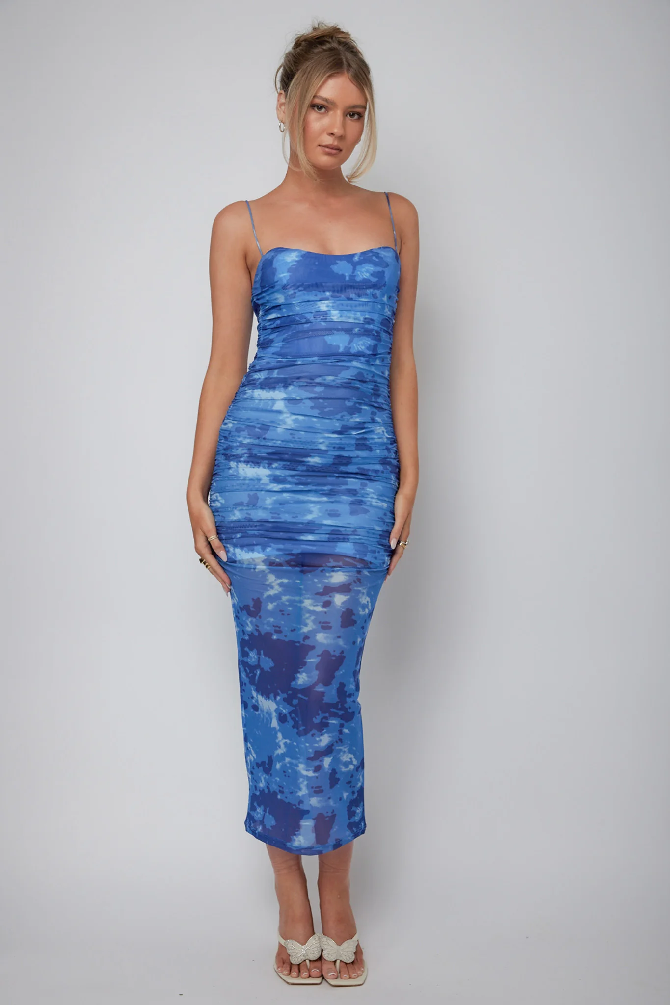 Logan Ruched Midi Dress Mottled Blue - Image 3