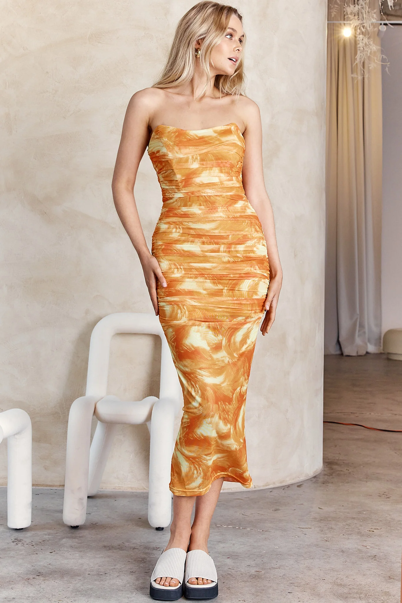 Logan Strapless Ruched Midi Dress Orange - Image 9