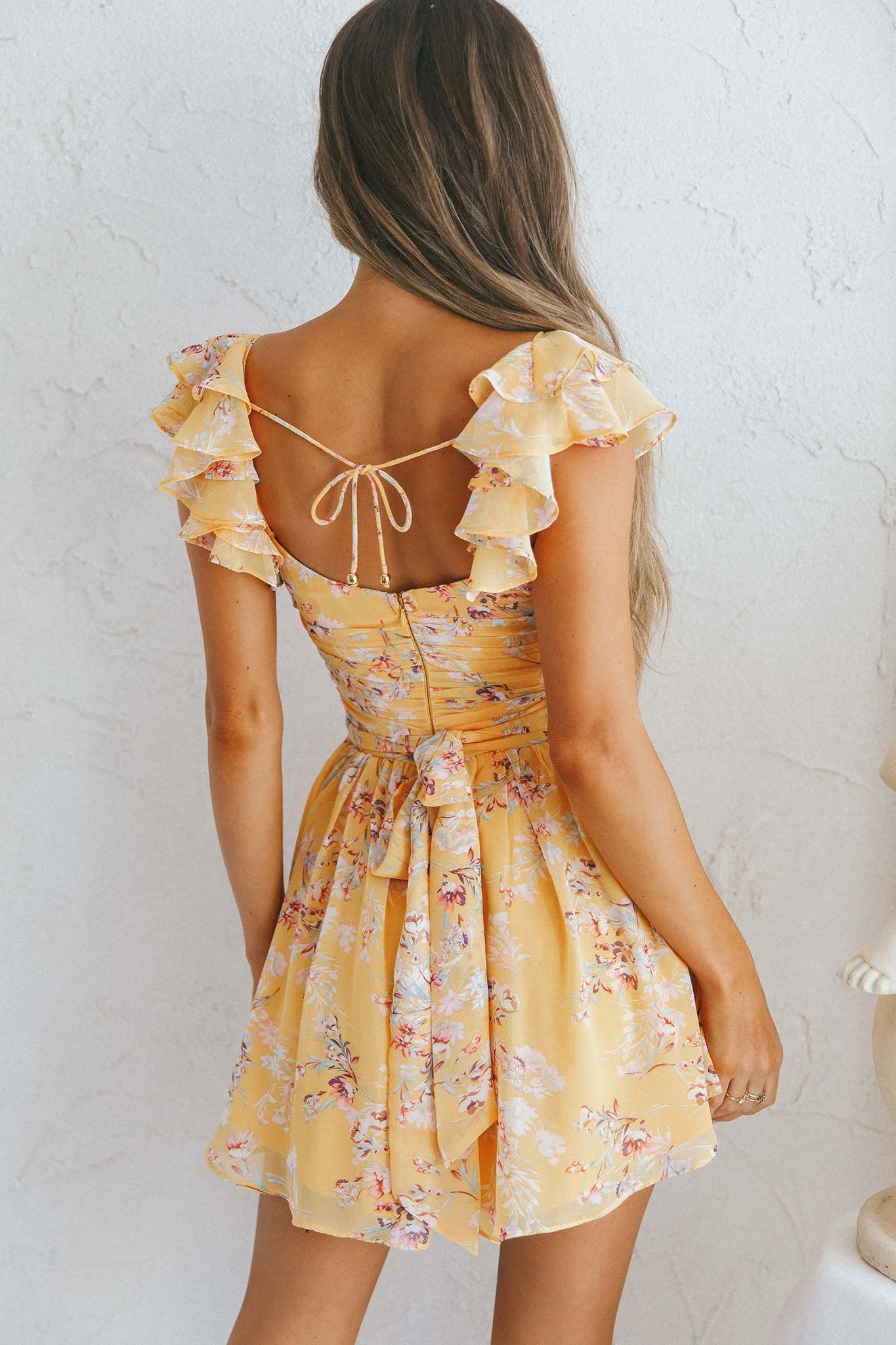 Lola Ruffle Shoulder Ruched Dress Floral Print Yellow - Image 2