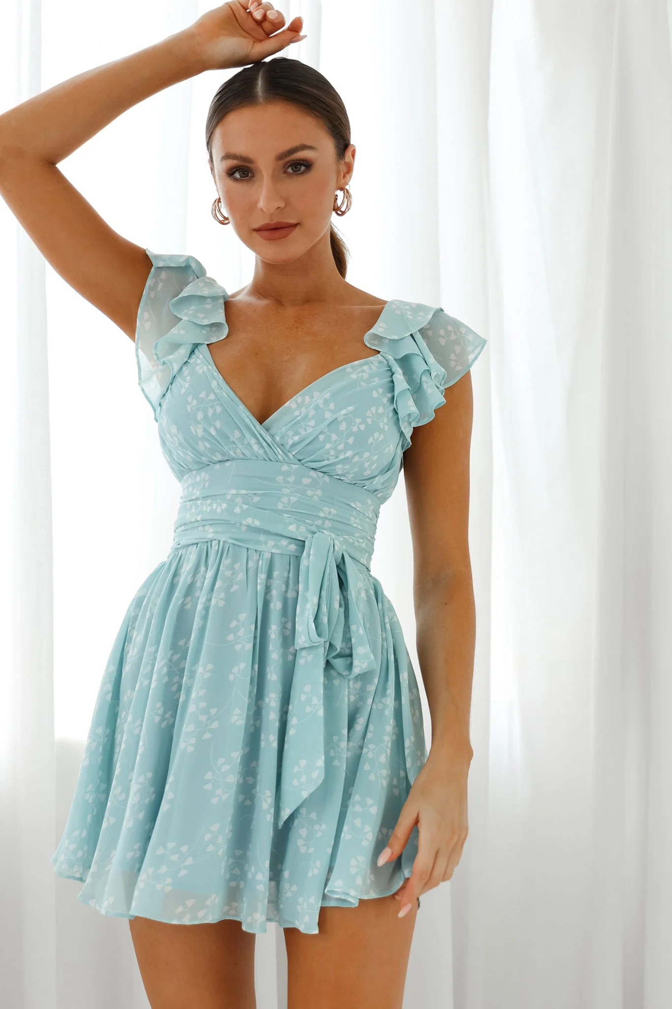 Lola Ruffle Shoulder Ruched Dress Leaf Print Blue - Image 7
