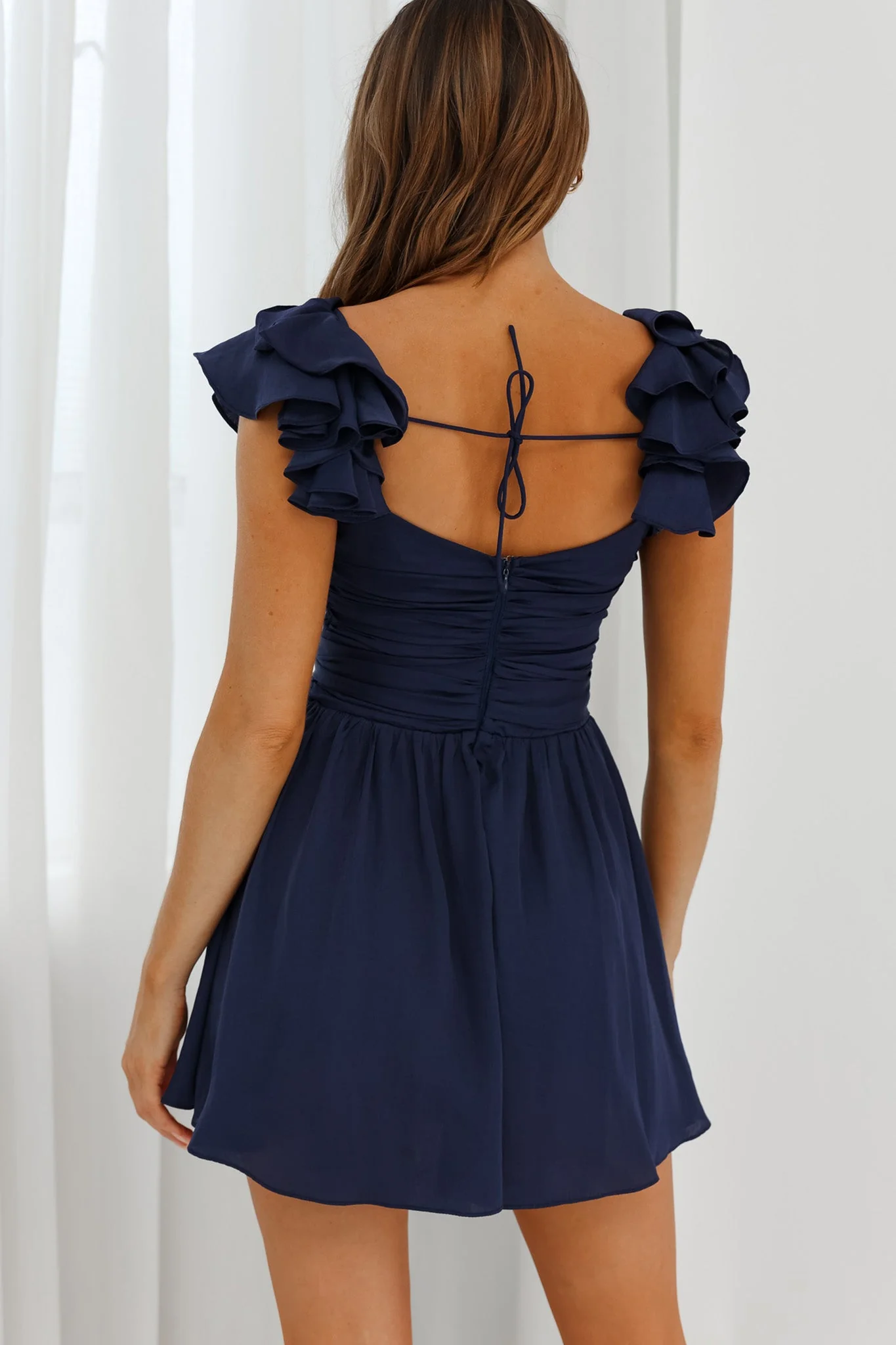 Lola Ruffle Shoulder Ruched Dress Navy - Image 2