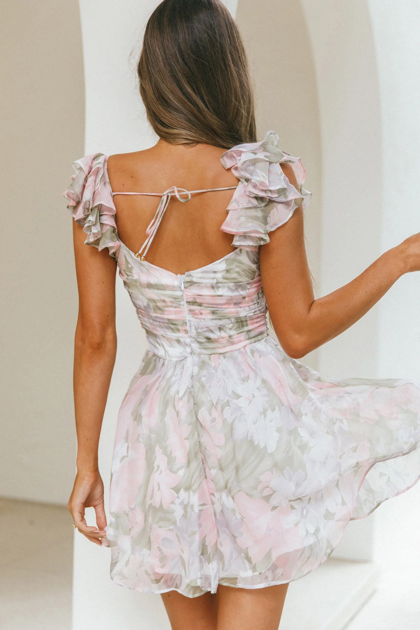 Lola Ruffle Shoulder Ruched Dress Watercolor Floral Pink Multi - Image 2