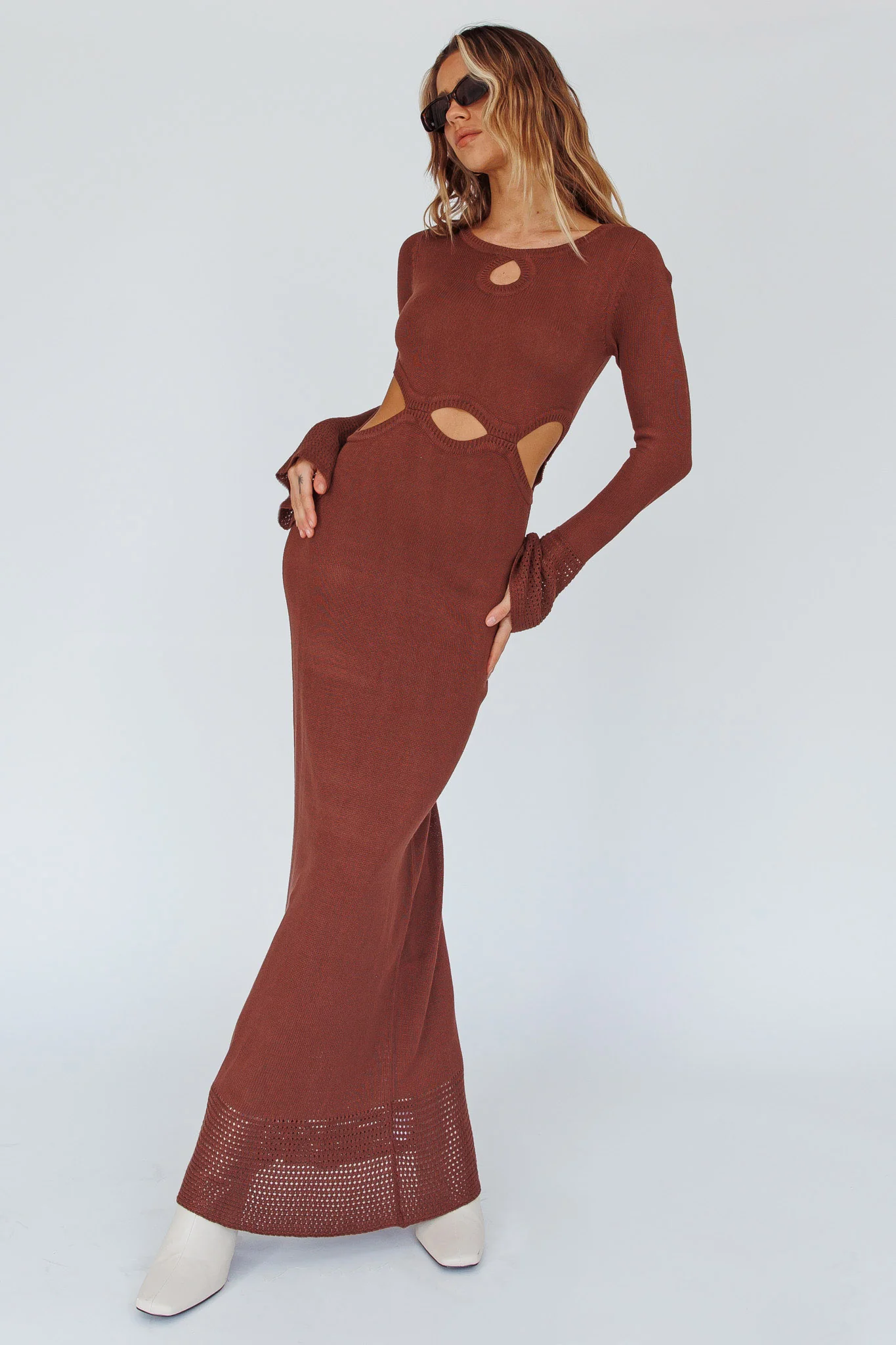 Long Sleeve Cut-Out Knit Maxi Dress Coffee - Image 5