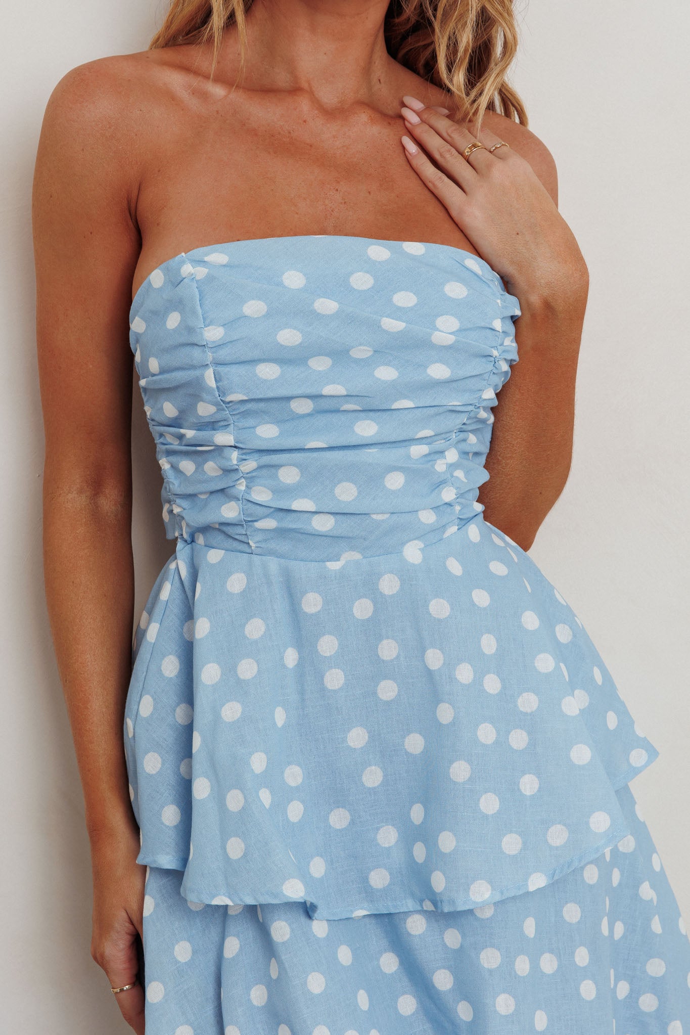 Lorcan Strapless Ruffle Dotted Midi Dress Blue - Image 5
