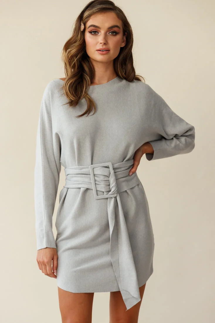 Lorelei Long Sleeve Wide Belt Knit Dress Grey - Image 4
