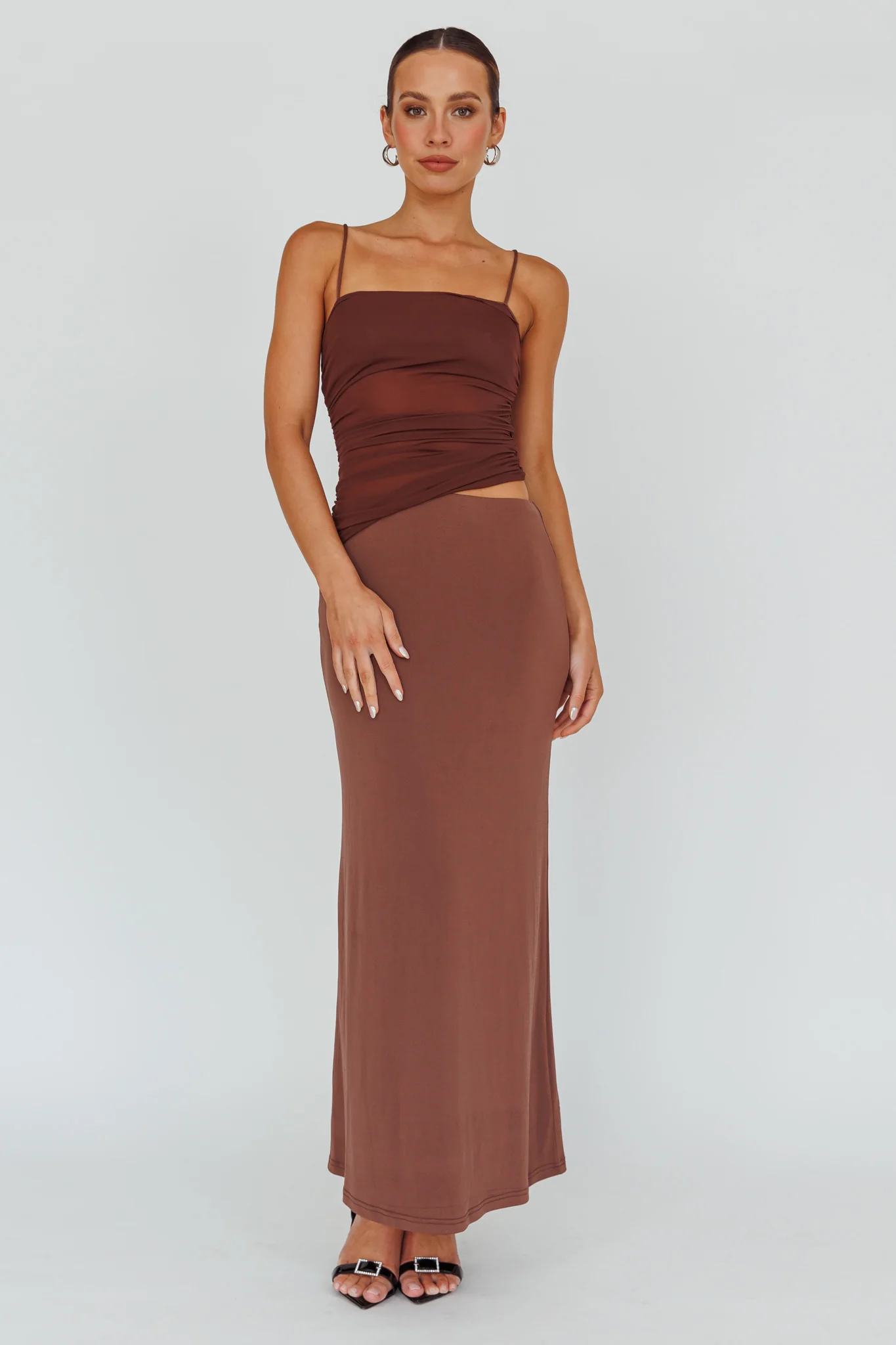 Lorely Ruched Bodice Midi Dress Brown - Image 4