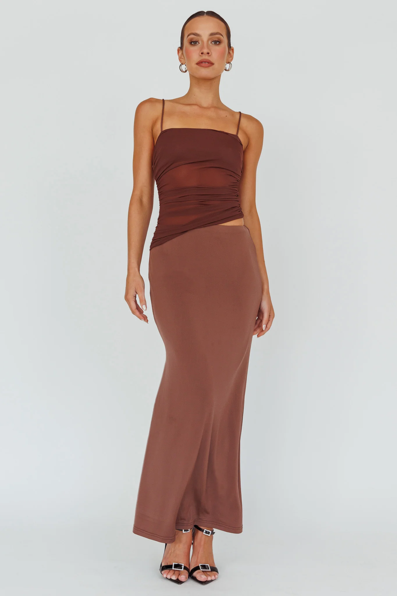 Lorely Ruched Bodice Midi Dress Brown - Image 6