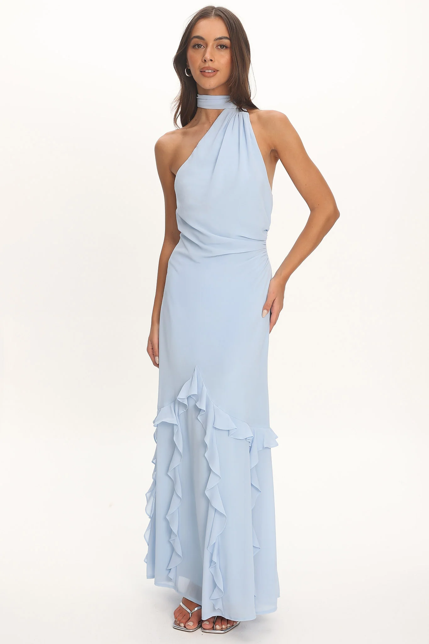Lorielle One-Shoulder Ruffle Trim Maxi Dress Blue - Image 5