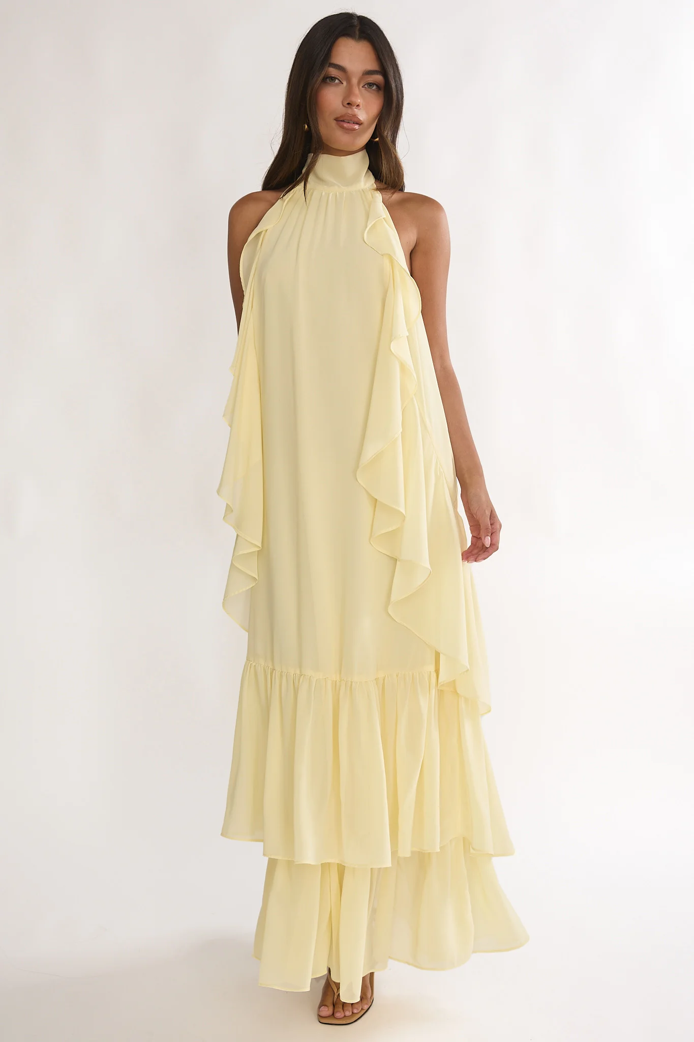 Lorina Layered Ruffle Halterneck Maxi Dress Butter - Image 4