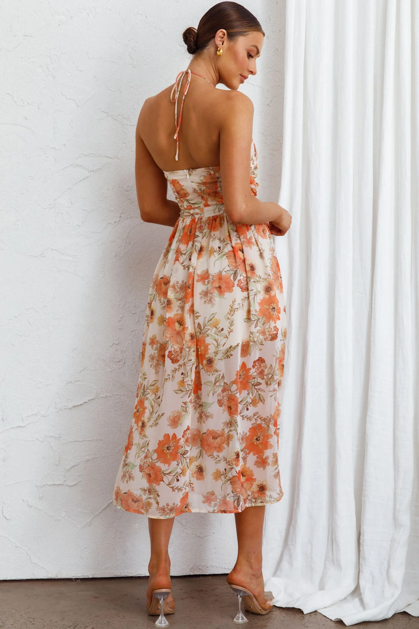 Los Feliz Tied Bust Halterneck Midi Dress Floral Beige - Image 2