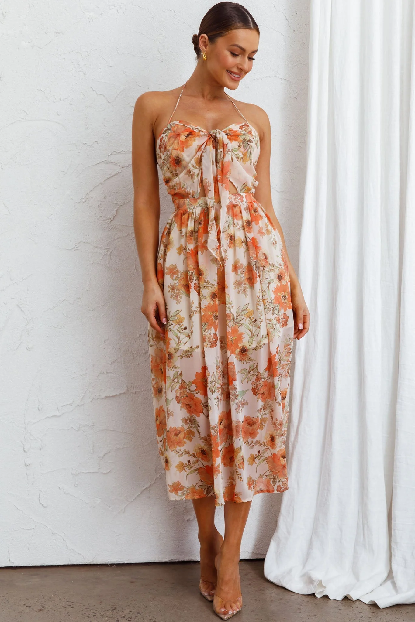 Los Feliz Tied Bust Halterneck Midi Dress Floral Beige - Image 3