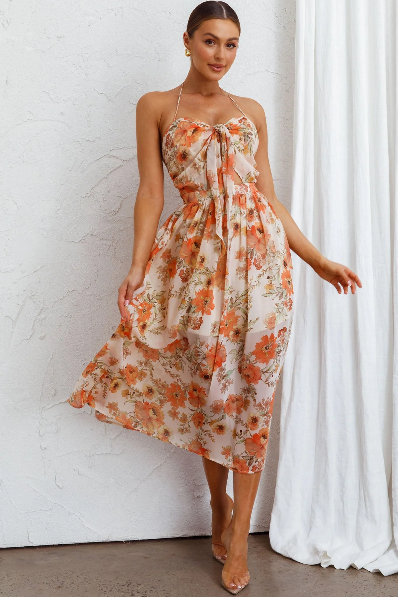 Los Feliz Tied Bust Halterneck Midi Dress Floral Beige - Image 4