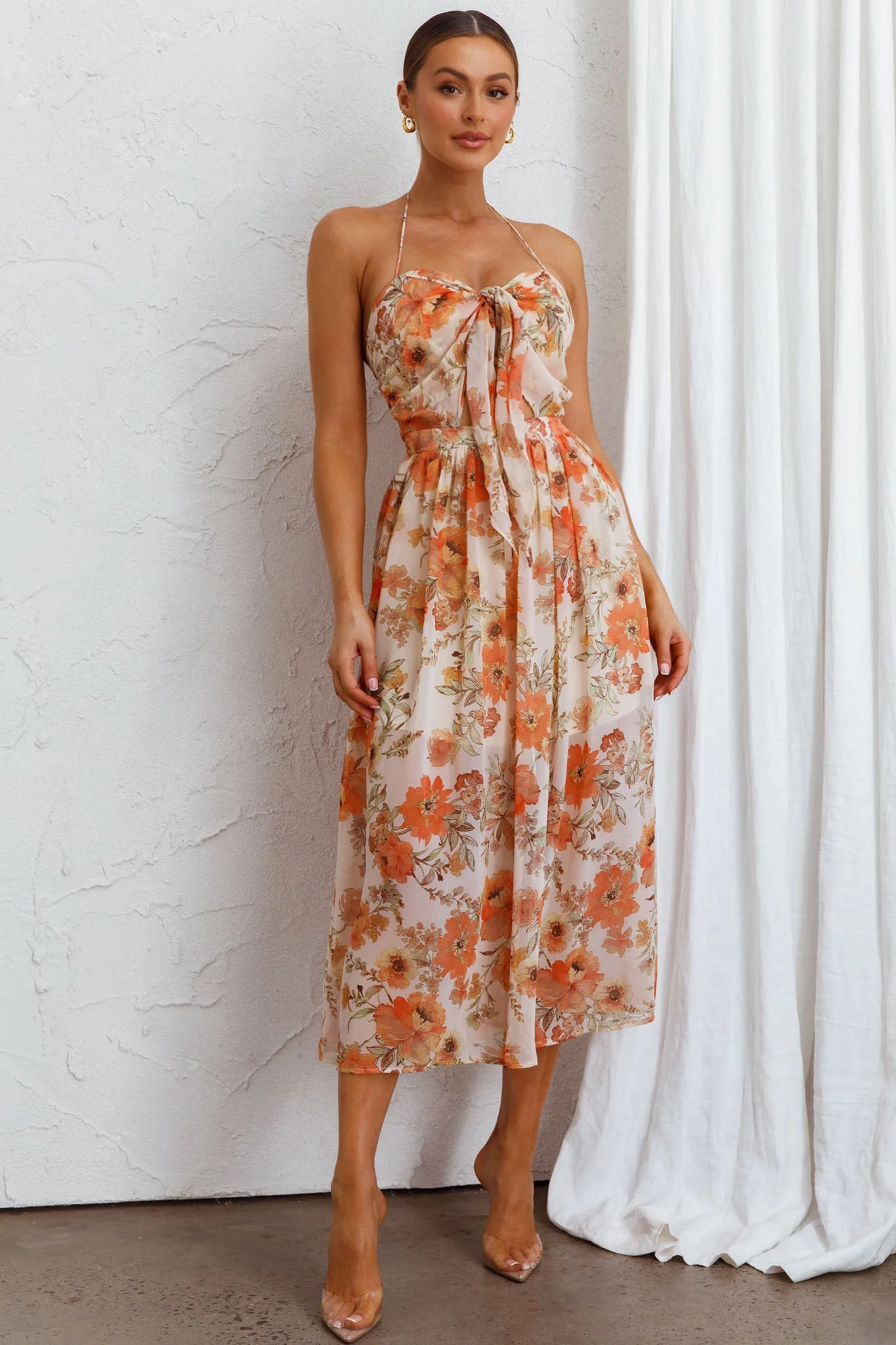 Los Feliz Tied Bust Halterneck Midi Dress Floral Beige - Image 5