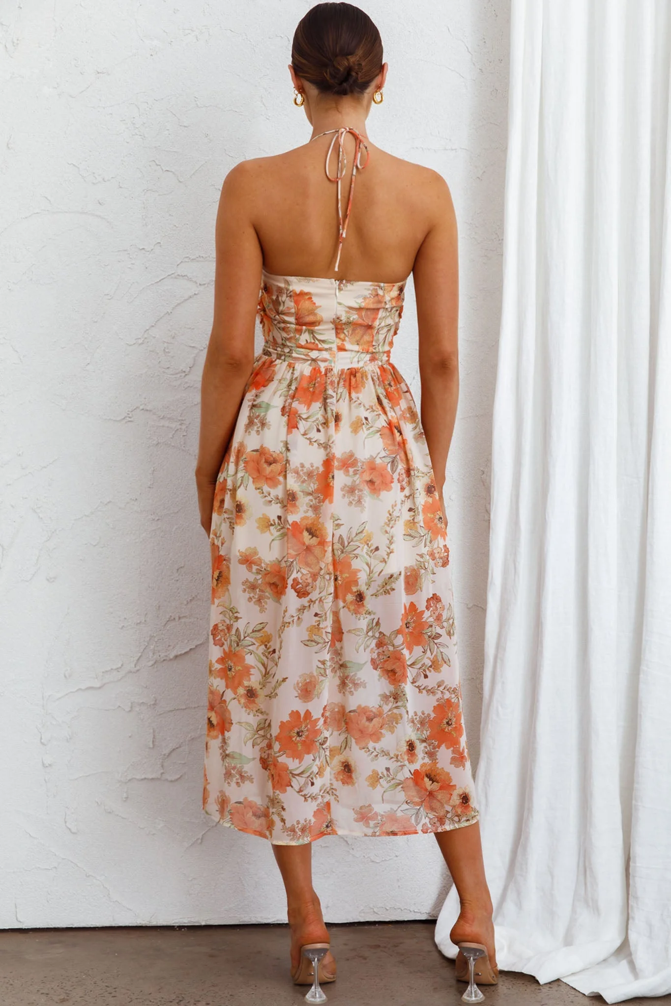 Los Feliz Tied Bust Halterneck Midi Dress Floral Beige - Image 6