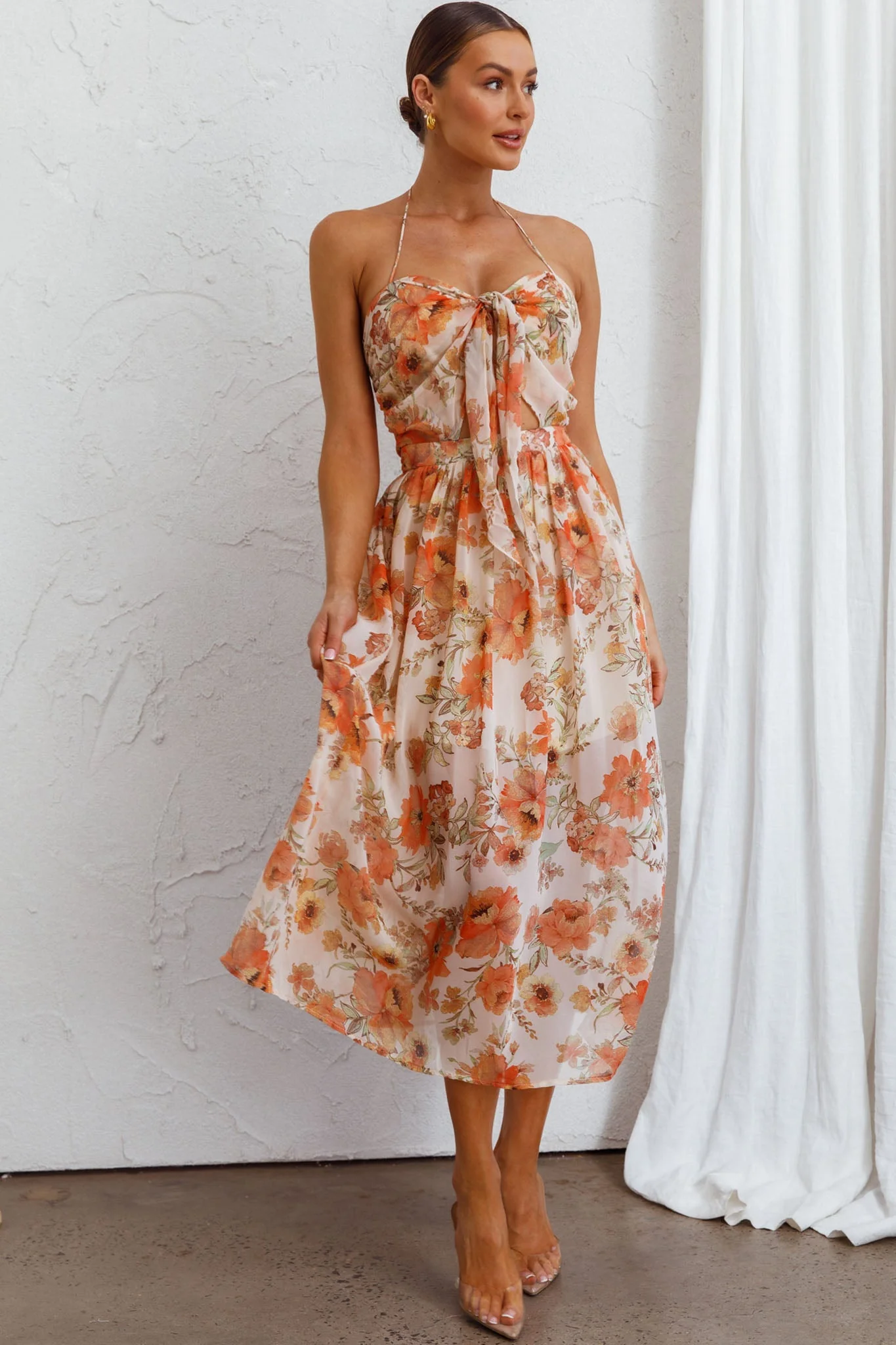 Los Feliz Tied Bust Halterneck Midi Dress Floral Beige - Image 7