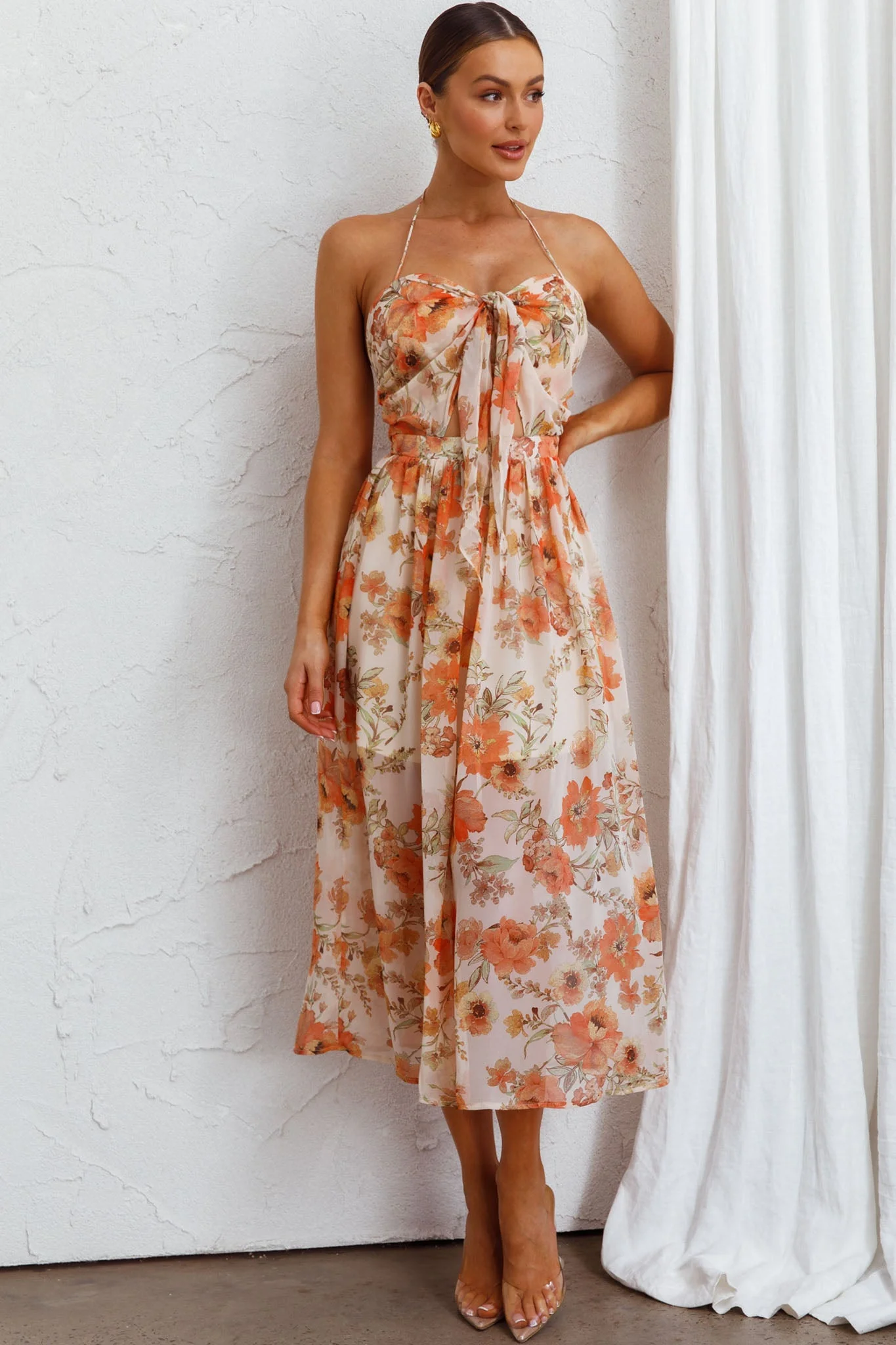 Los Feliz Tied Bust Halterneck Midi Dress Floral Beige - Image 8