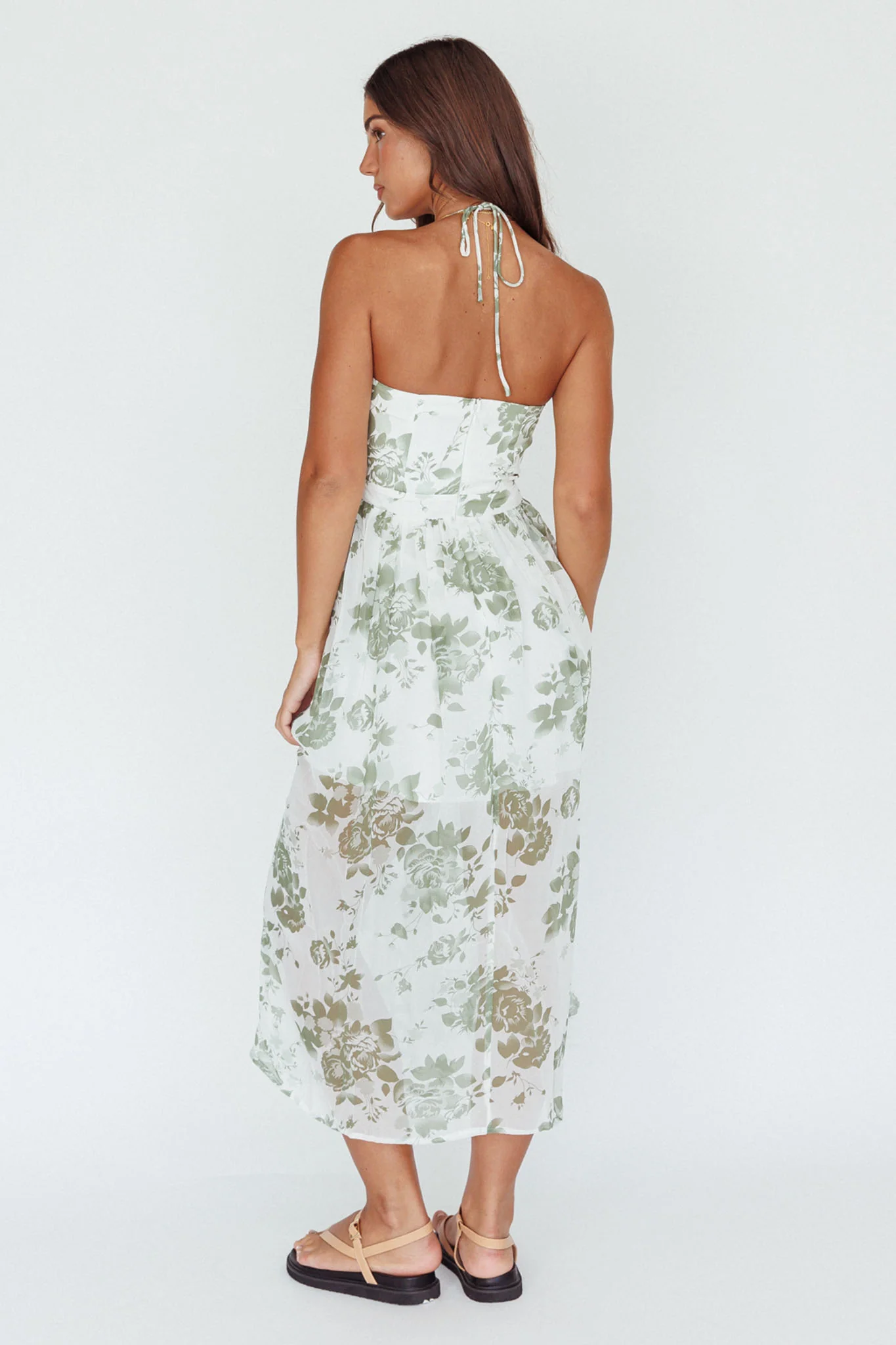 Los Feliz Tied Bust Halterneck Midi Dress Floral Green - Image 2
