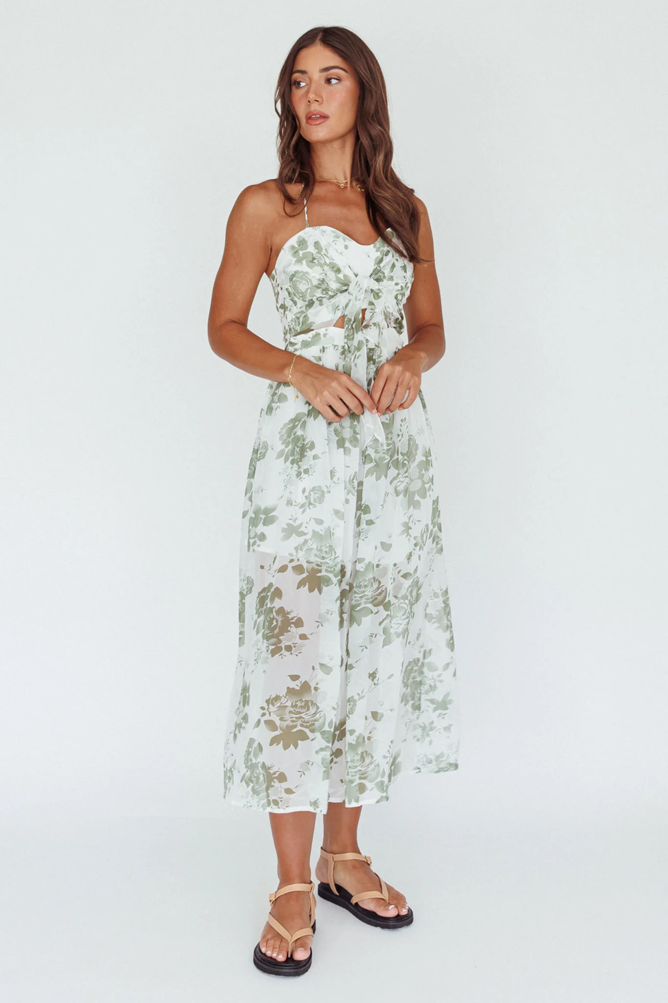 Los Feliz Tied Bust Halterneck Midi Dress Floral Green - Image 3