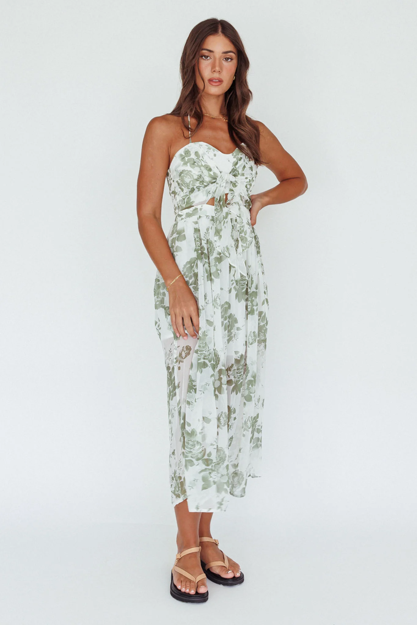 Los Feliz Tied Bust Halterneck Midi Dress Floral Green - Image 5