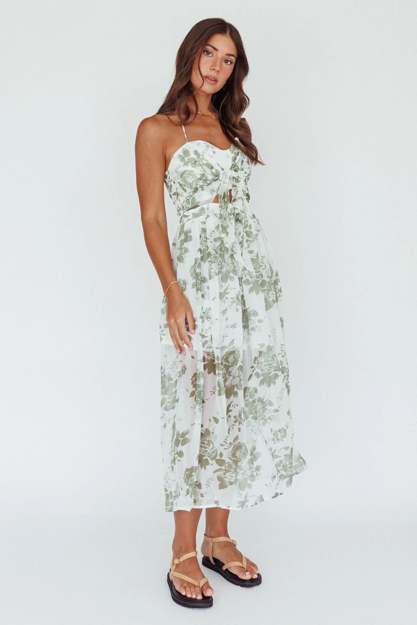 Los Feliz Tied Bust Halterneck Midi Dress Floral Green - Image 6