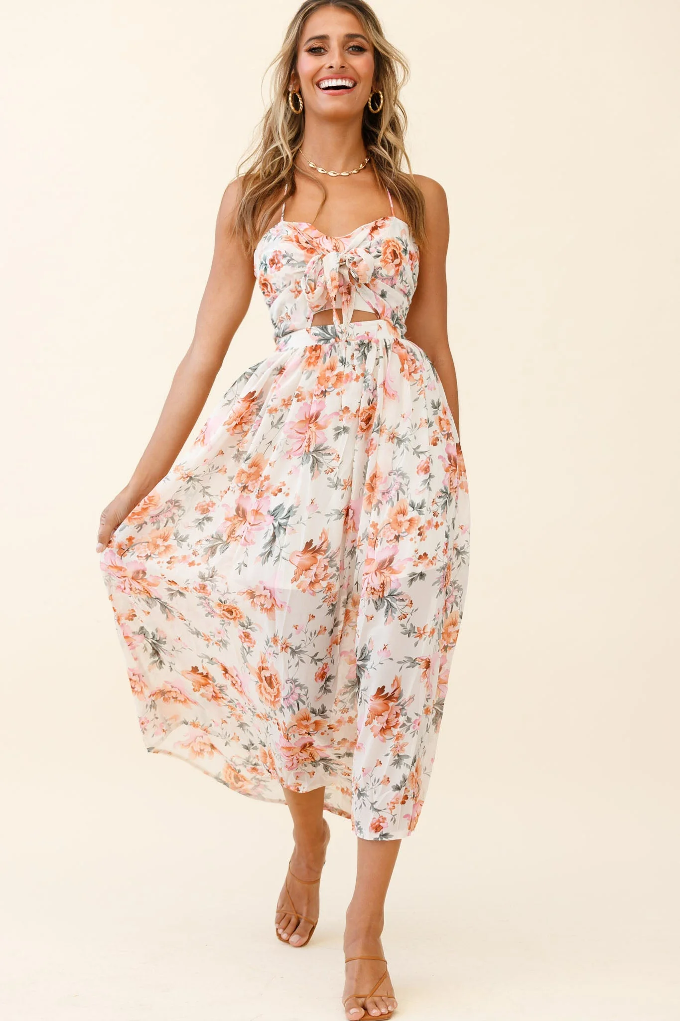 Los Feliz Tied Bust Halterneck Midi Dress Floral Print Pink - Image 3