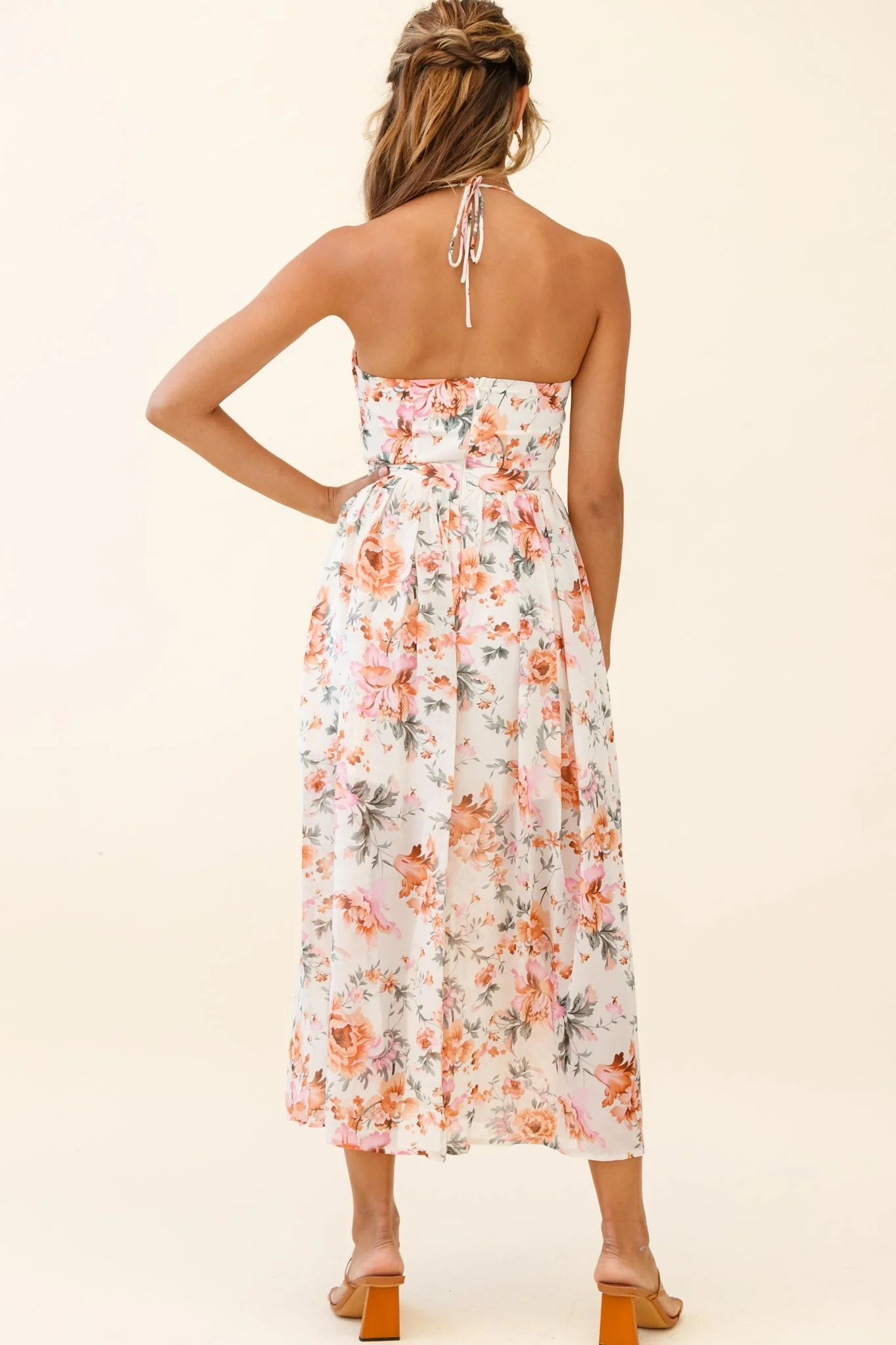 Los Feliz Tied Bust Halterneck Midi Dress Floral Print Pink - Image 5