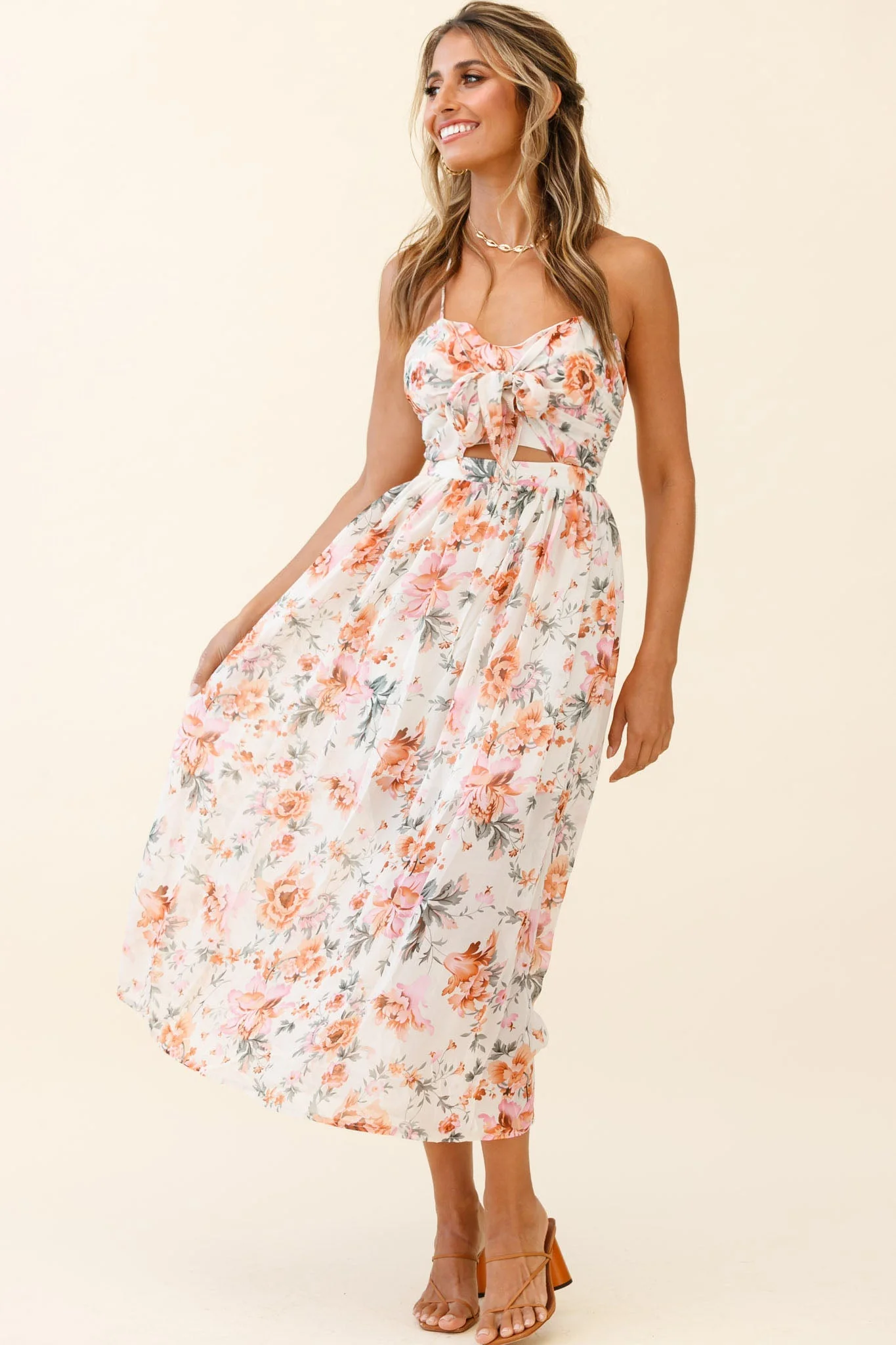 Los Feliz Tied Bust Halterneck Midi Dress Floral Print Pink - Image 7