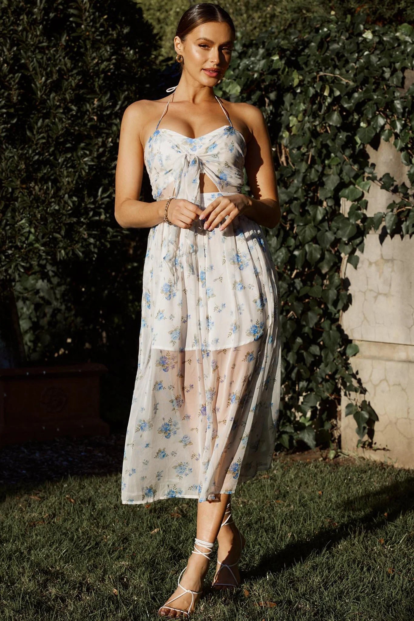 Los Feliz Tied Bust Halterneck Midi Dress Sheer Floral Blue - Image 4