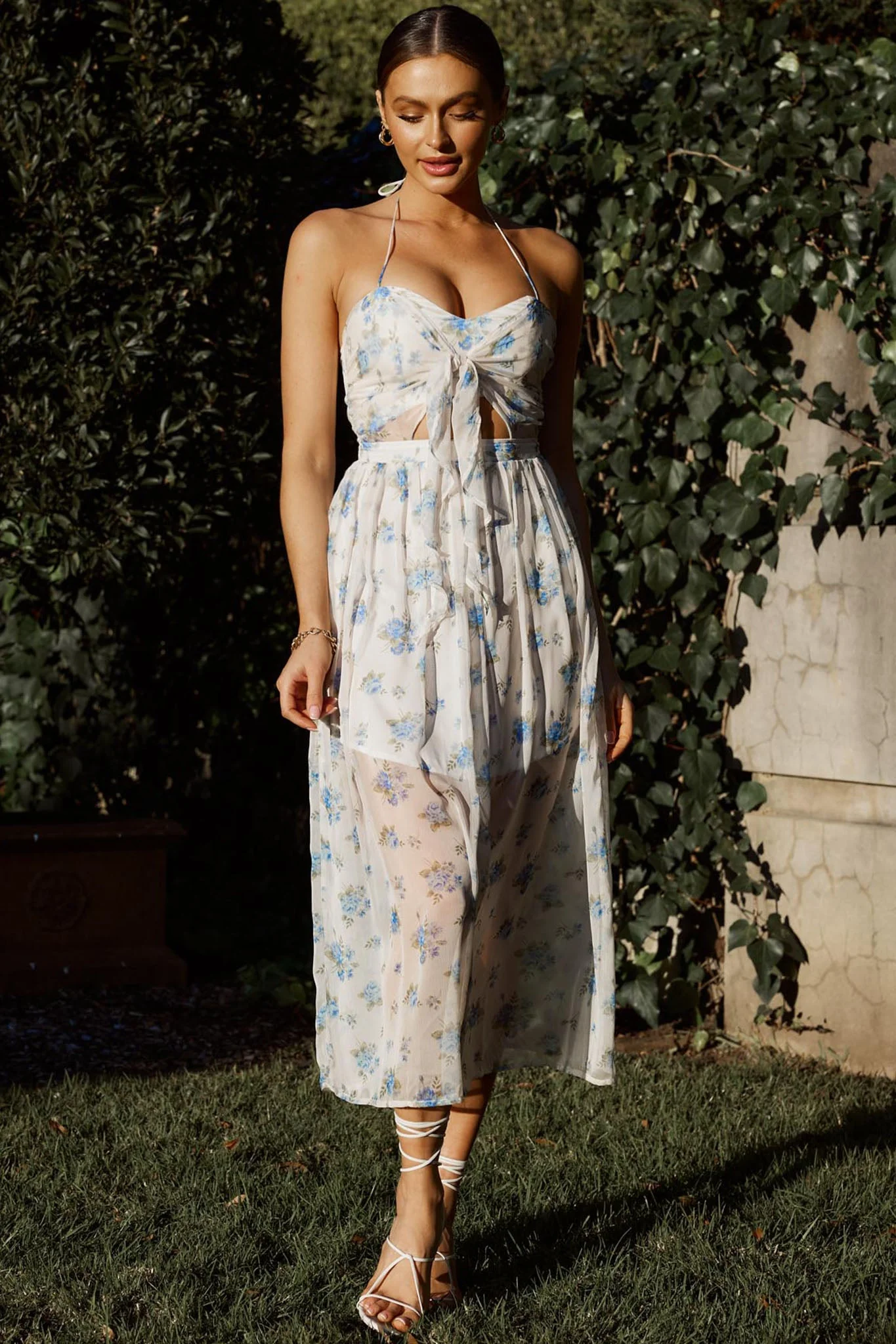 Los Feliz Tied Bust Halterneck Midi Dress Sheer Floral Blue - Image 6