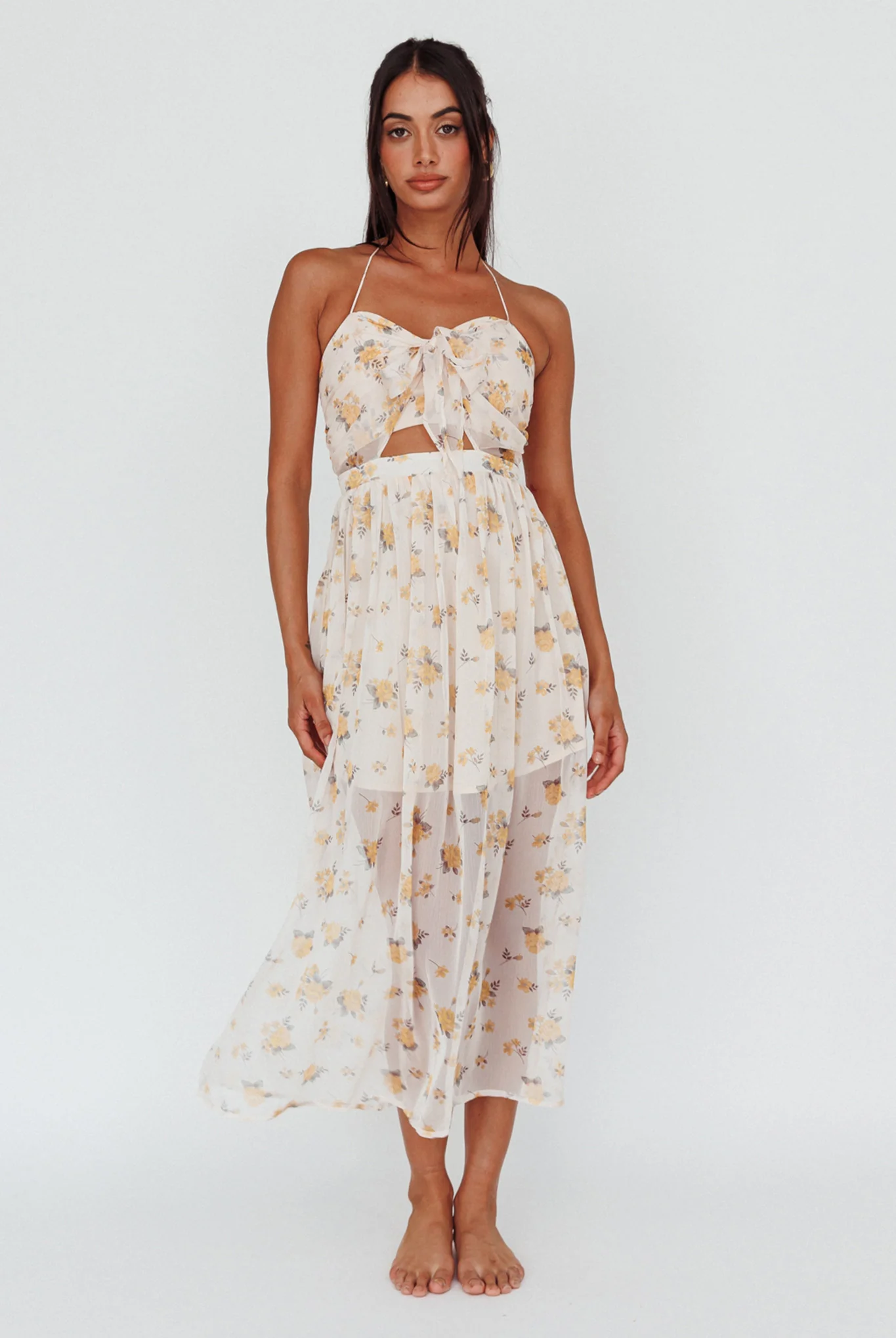 Los Feliz Tied Bust Halterneck Midi Dress Sheer Floral Yellow - Image 3