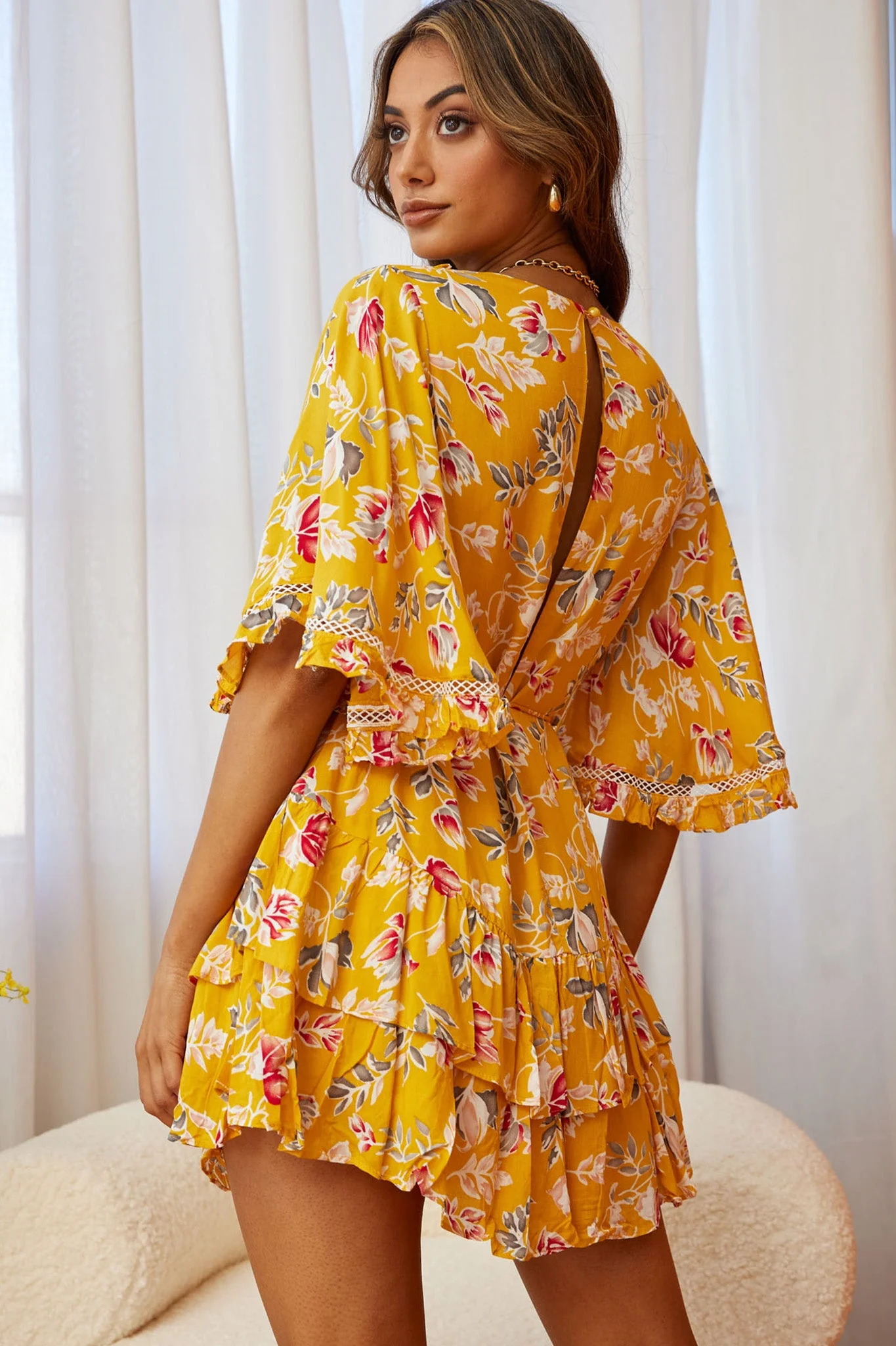 Lotus Crochet Trim Angel Sleeve Dress Floral Print Mustard - Image 2