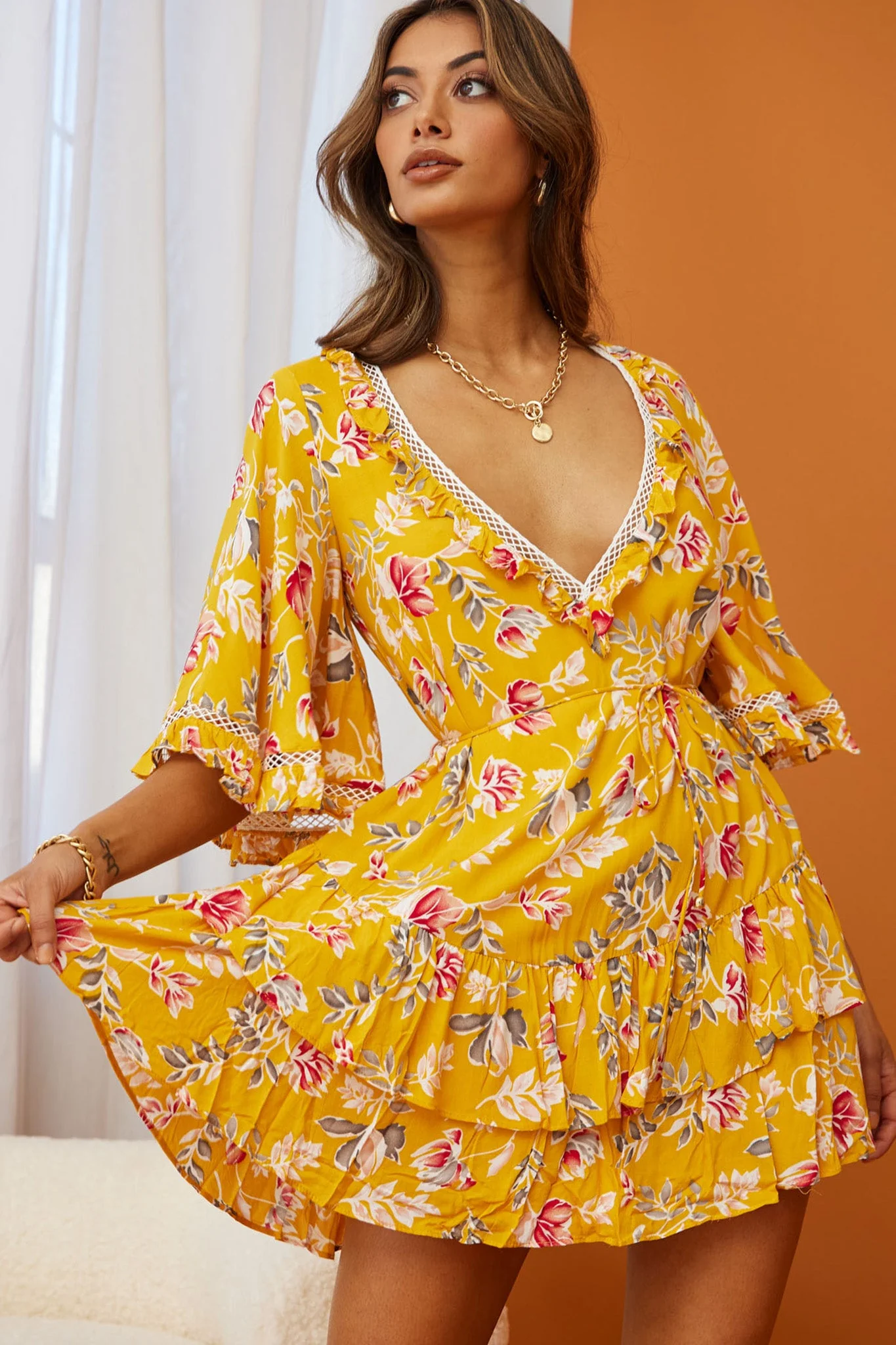 Lotus Crochet Trim Angel Sleeve Dress Floral Print Mustard - Image 4