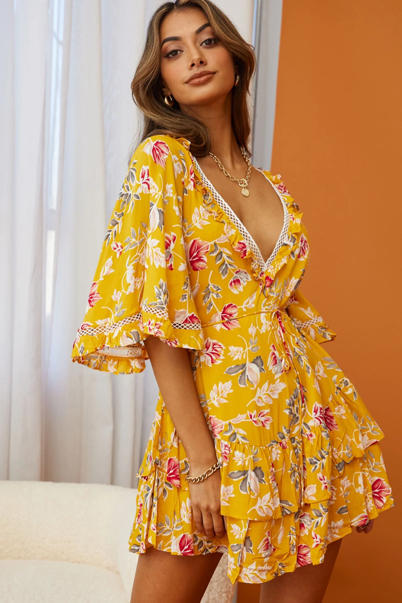 Lotus Crochet Trim Angel Sleeve Dress Floral Print Mustard - Image 5