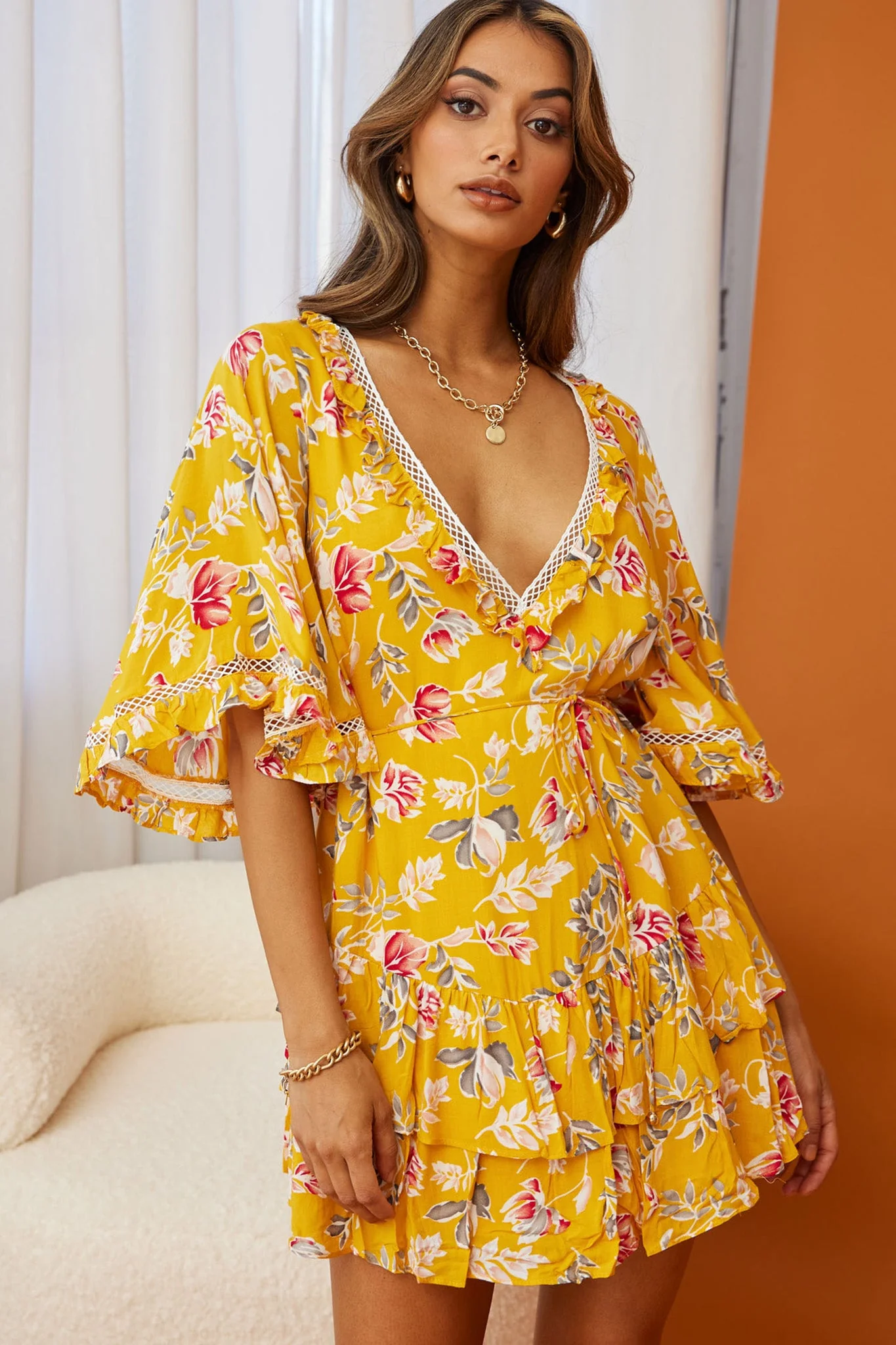 Lotus Crochet Trim Angel Sleeve Dress Floral Print Mustard - Image 6