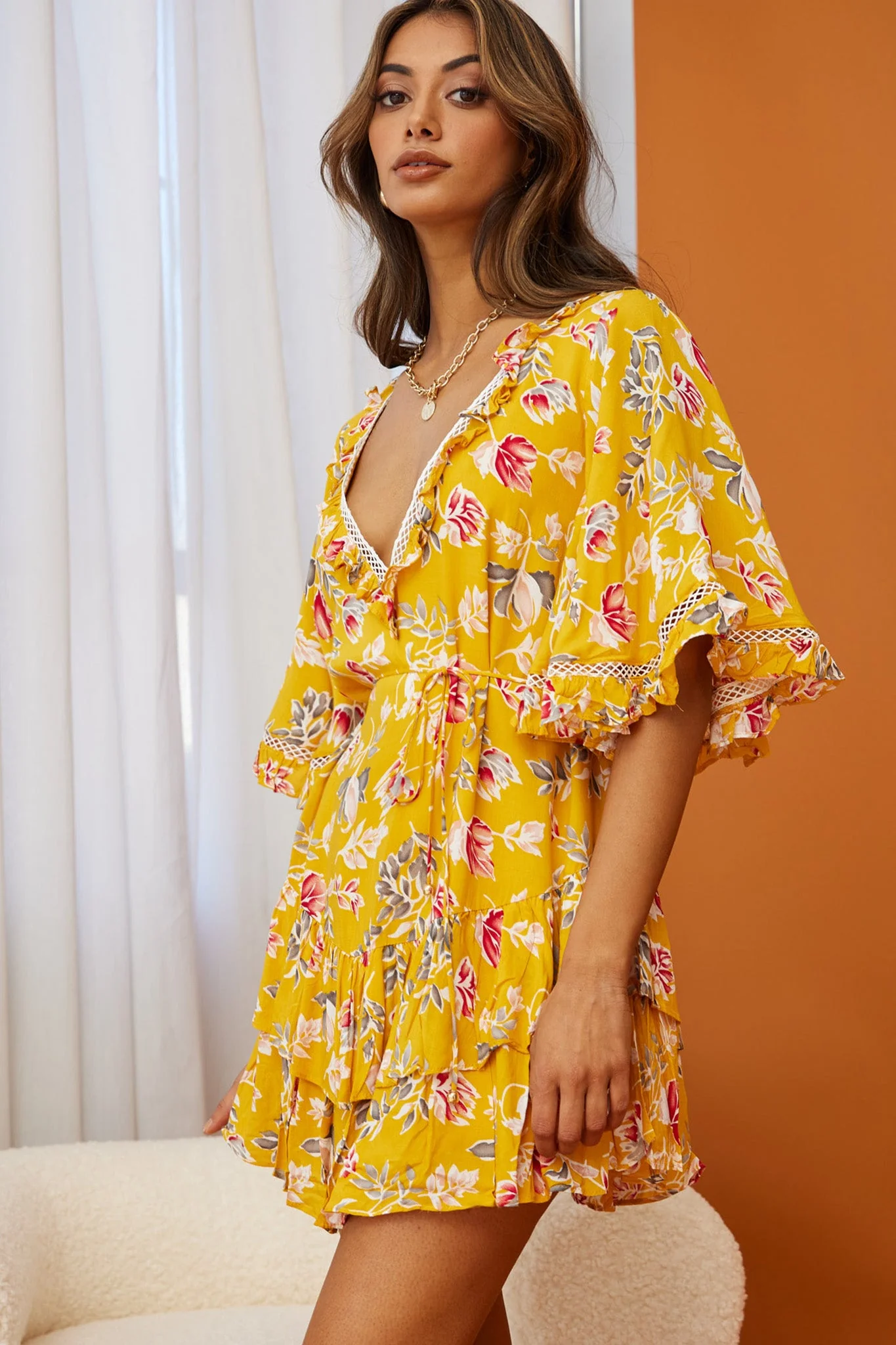 Lotus Crochet Trim Angel Sleeve Dress Floral Print Mustard - Image 7