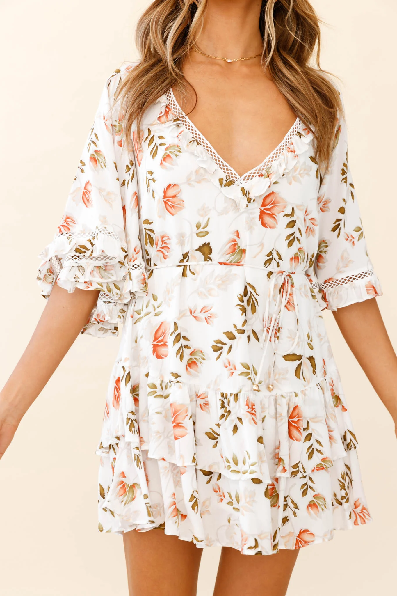 Lotus Crochet Trim Angel Sleeve Dress Floral Print White - Image 4