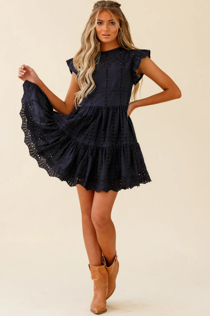 Louise Cap Sleeve Eyelet Embroidery Dress Navy - Image 5