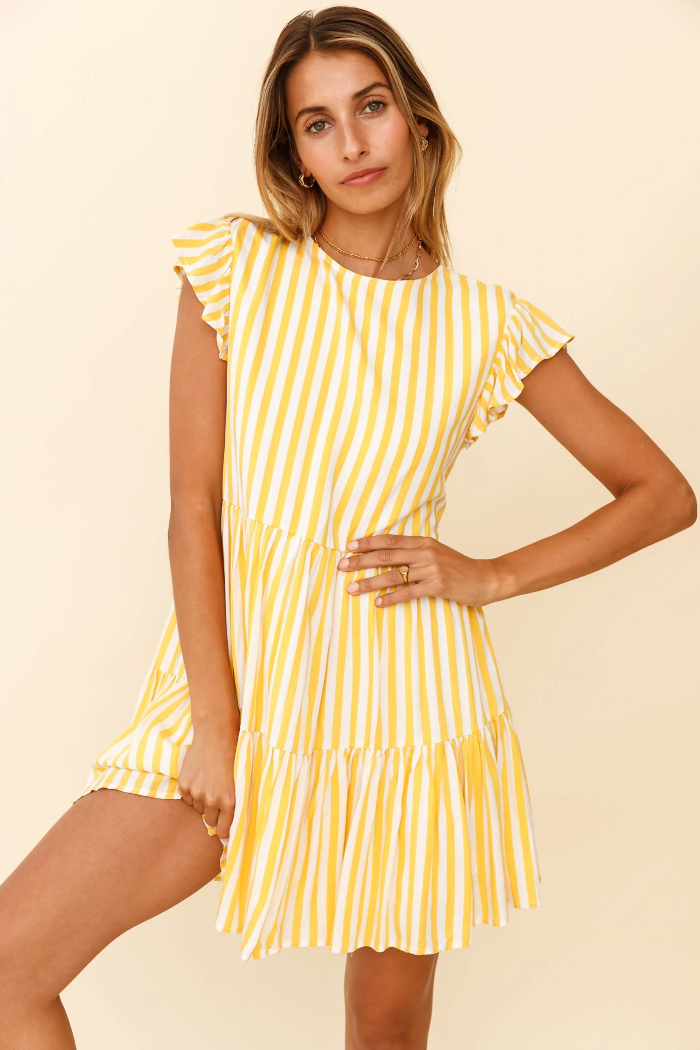 Louise Cap Sleeve Shift Dress Yellow Stripe - Image 7