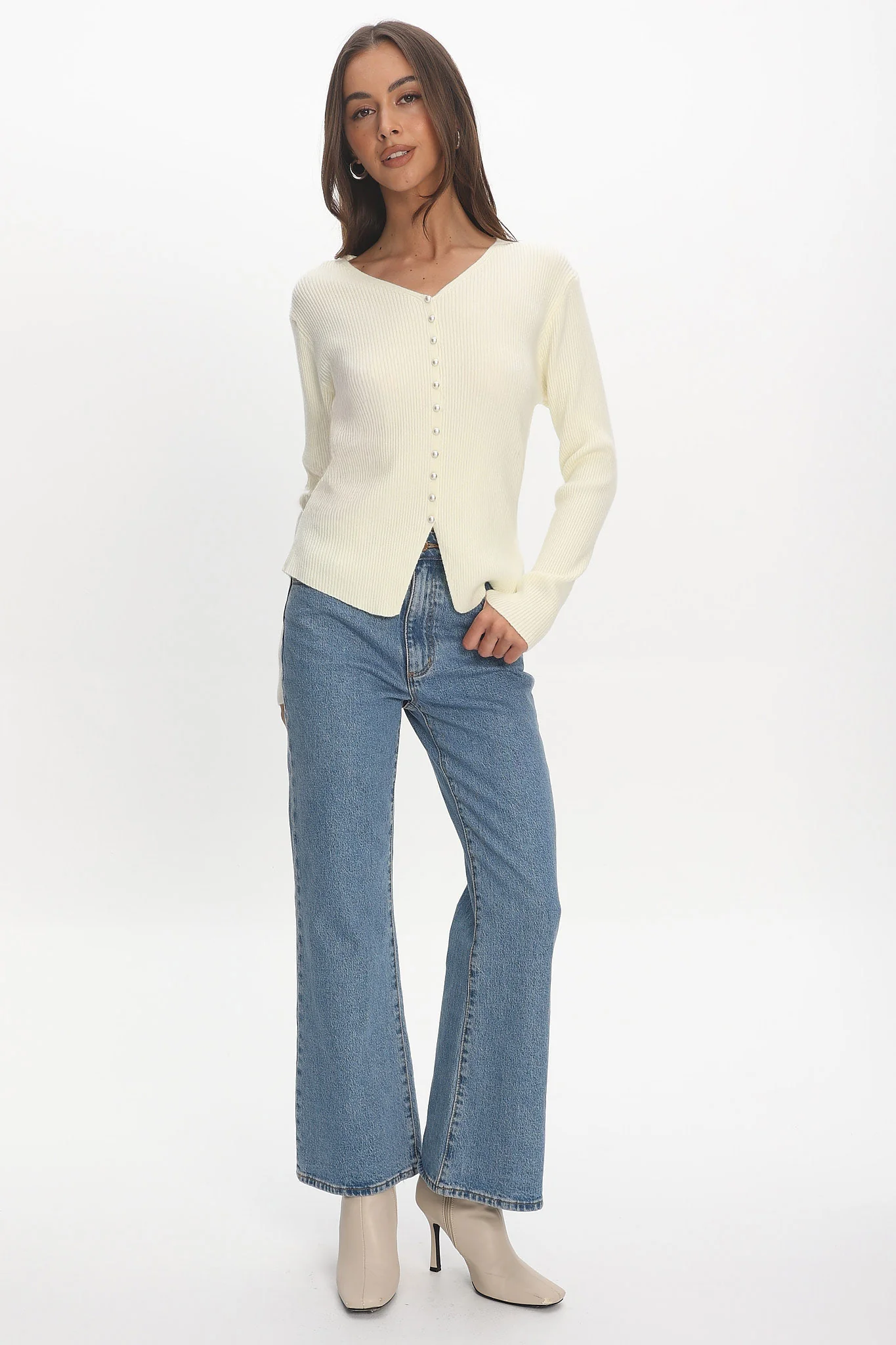 Louiz Button Front Ribbed Knit Cardigan Cream - Image 2