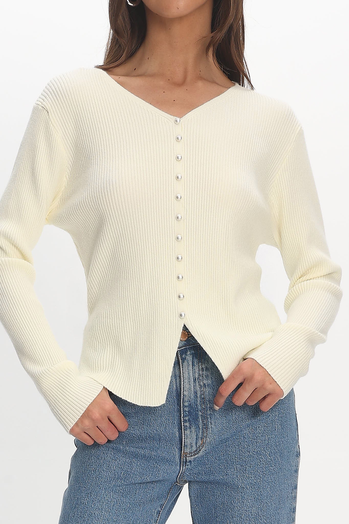 Louiz Button Front Ribbed Knit Cardigan Cream - Image 4