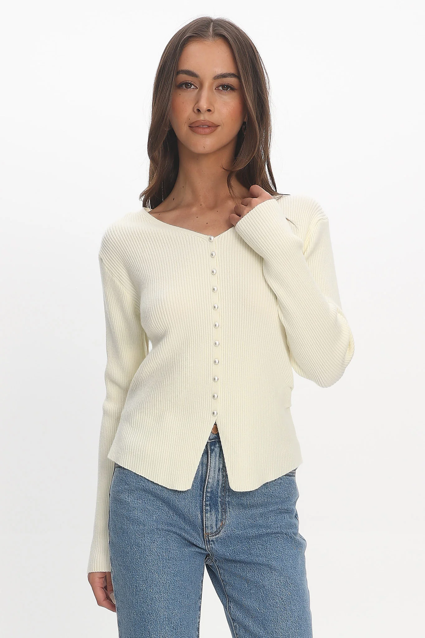 Louiz Button Front Ribbed Knit Cardigan Cream - Image 5