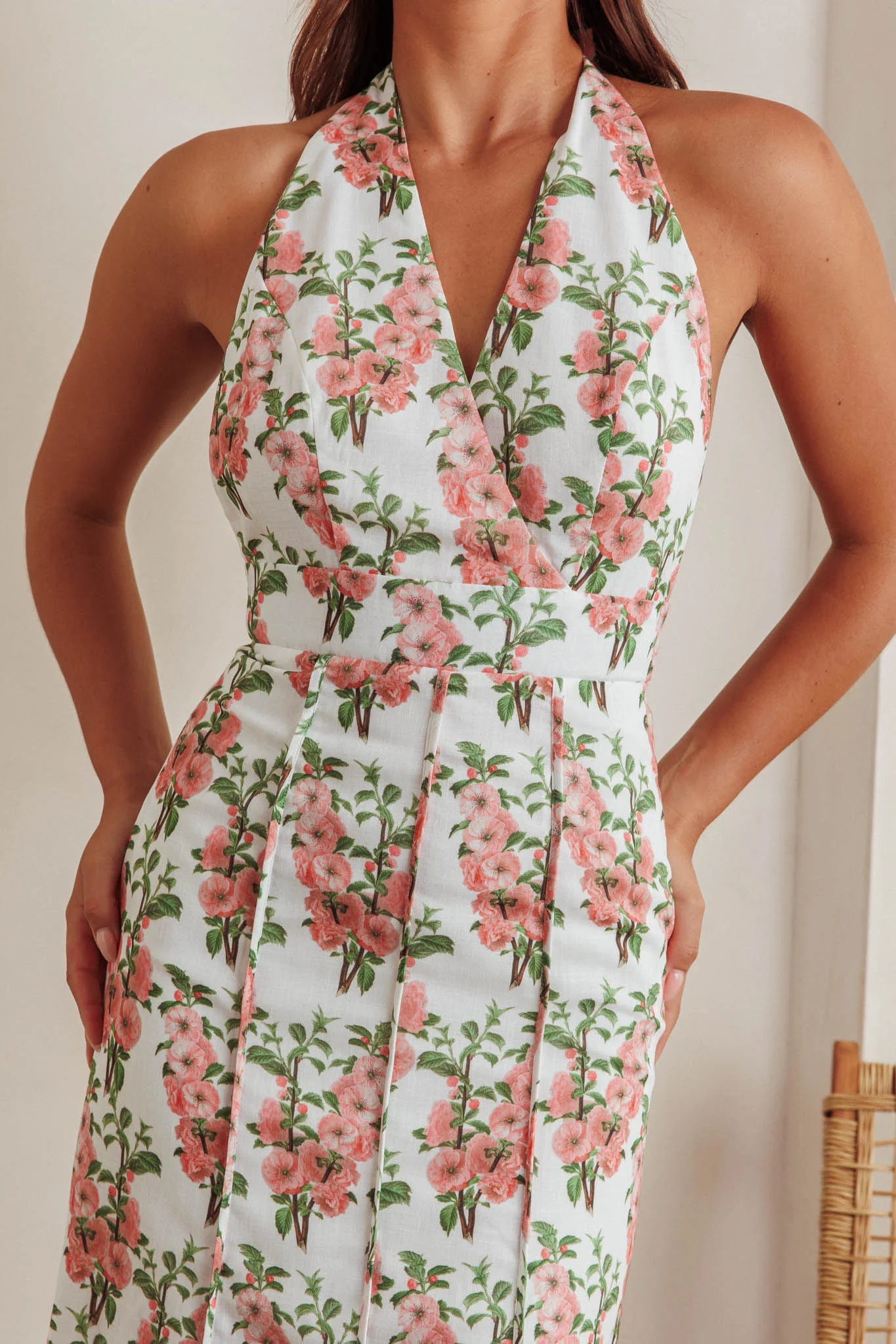 Love Bomb Pintuck Pleat Halterneck Maxi Dress Floral Pink - Image 3