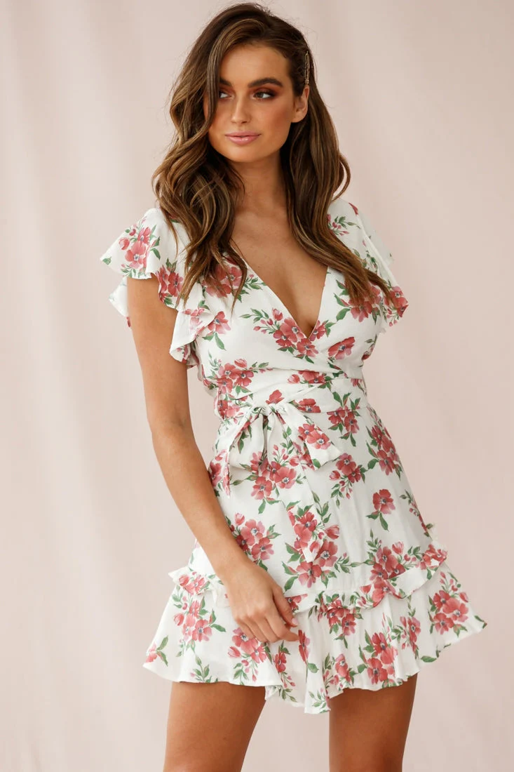 Love Letter Ruffle Sleeve Waist Tie Dress Floral Print White - Image 2