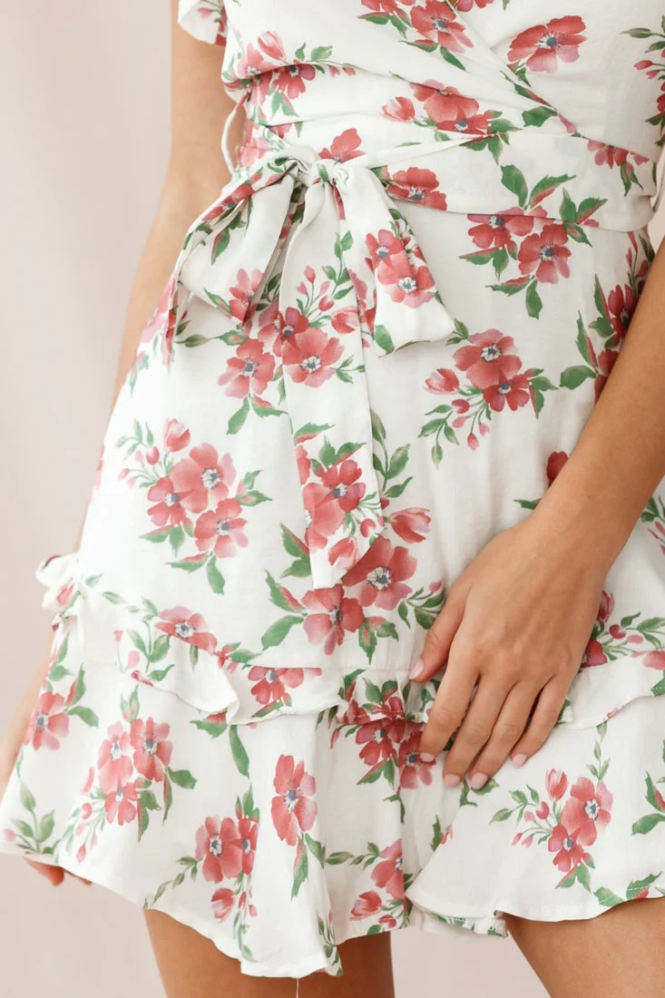 Love Letter Ruffle Sleeve Waist Tie Dress Floral Print White - Image 4