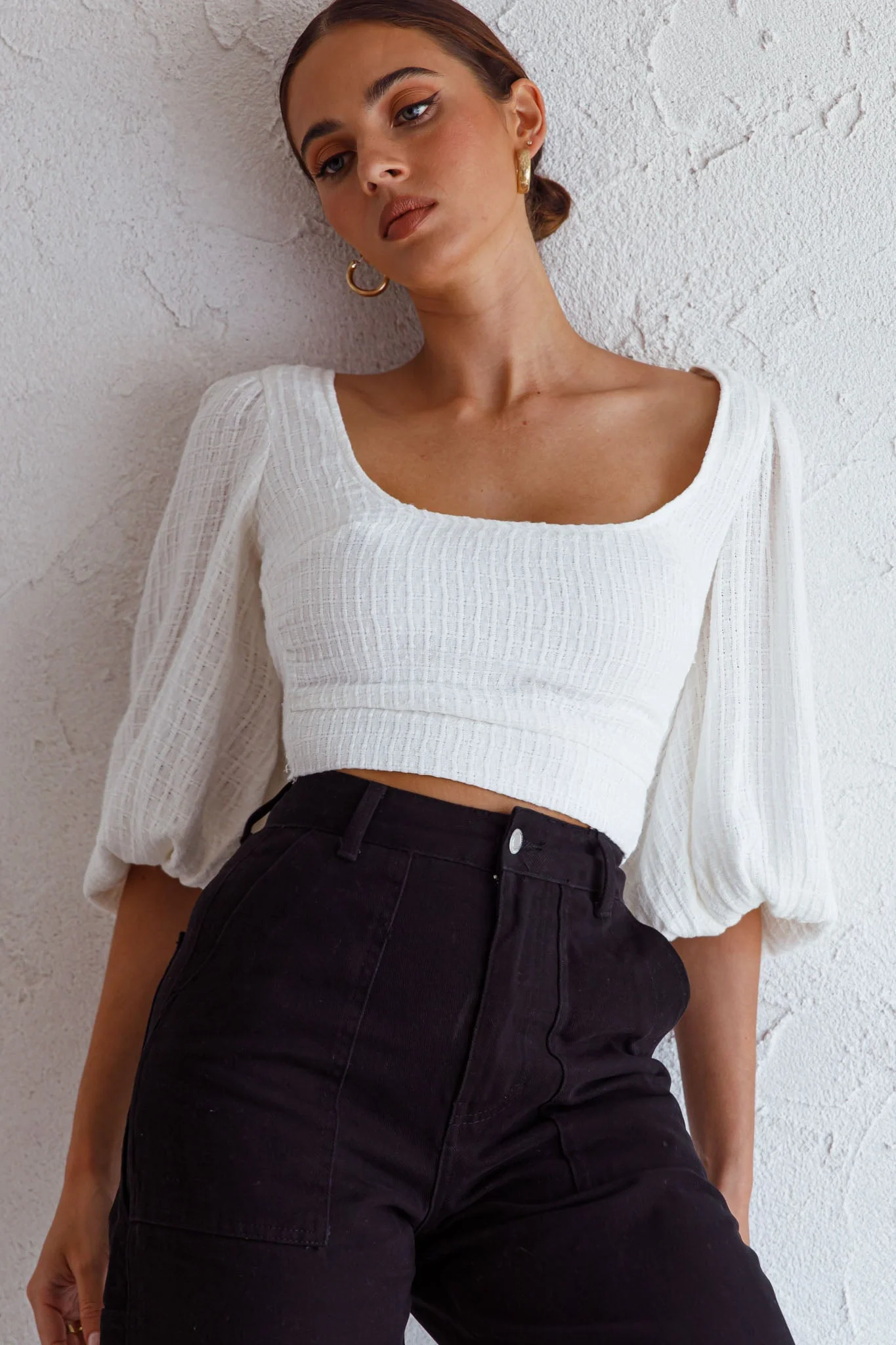 Love Like This Balloon Sleeve Open Back Crop Top Textured White - Image 4