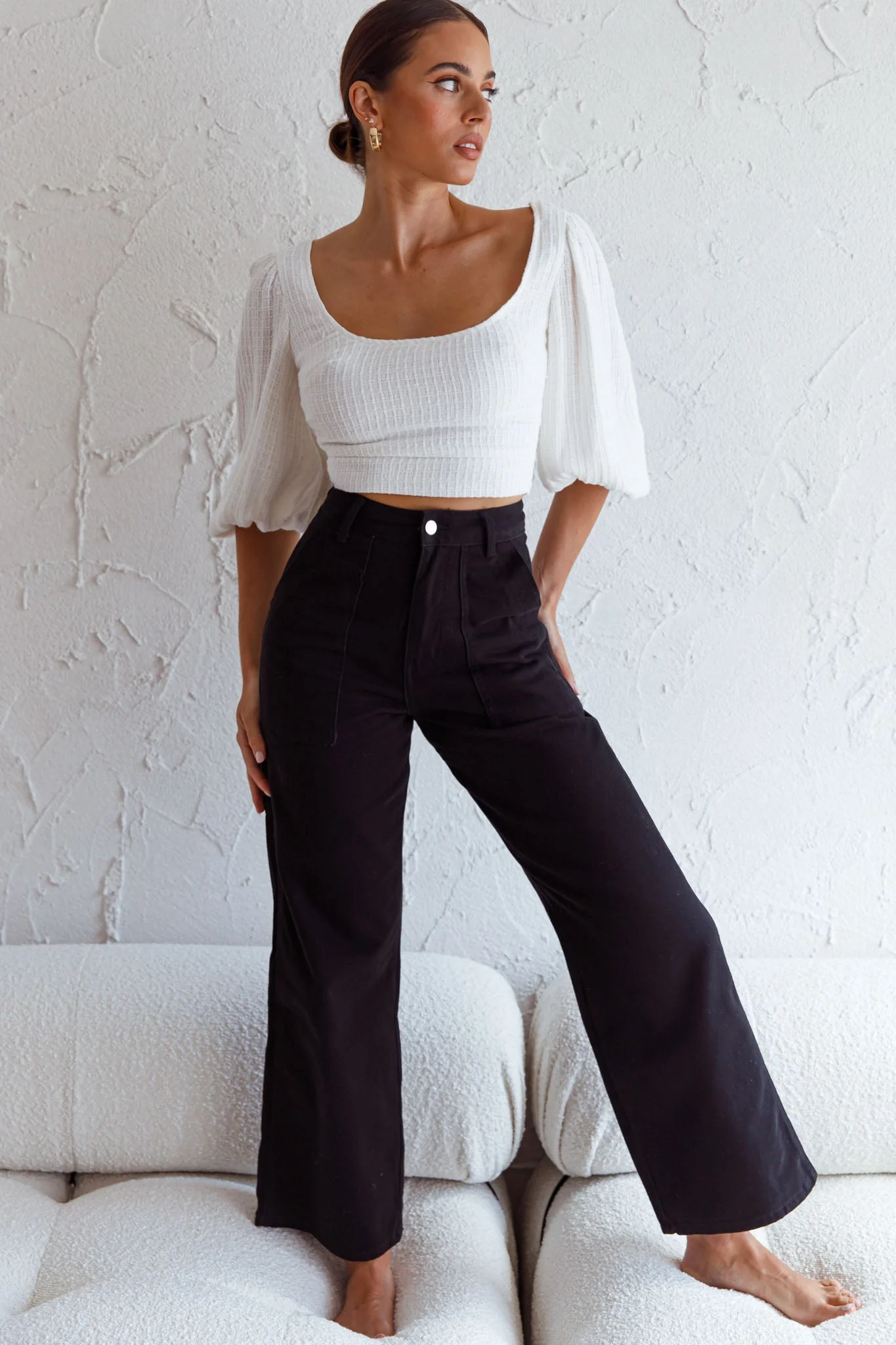 Love Like This Balloon Sleeve Open Back Crop Top Textured White - Image 5