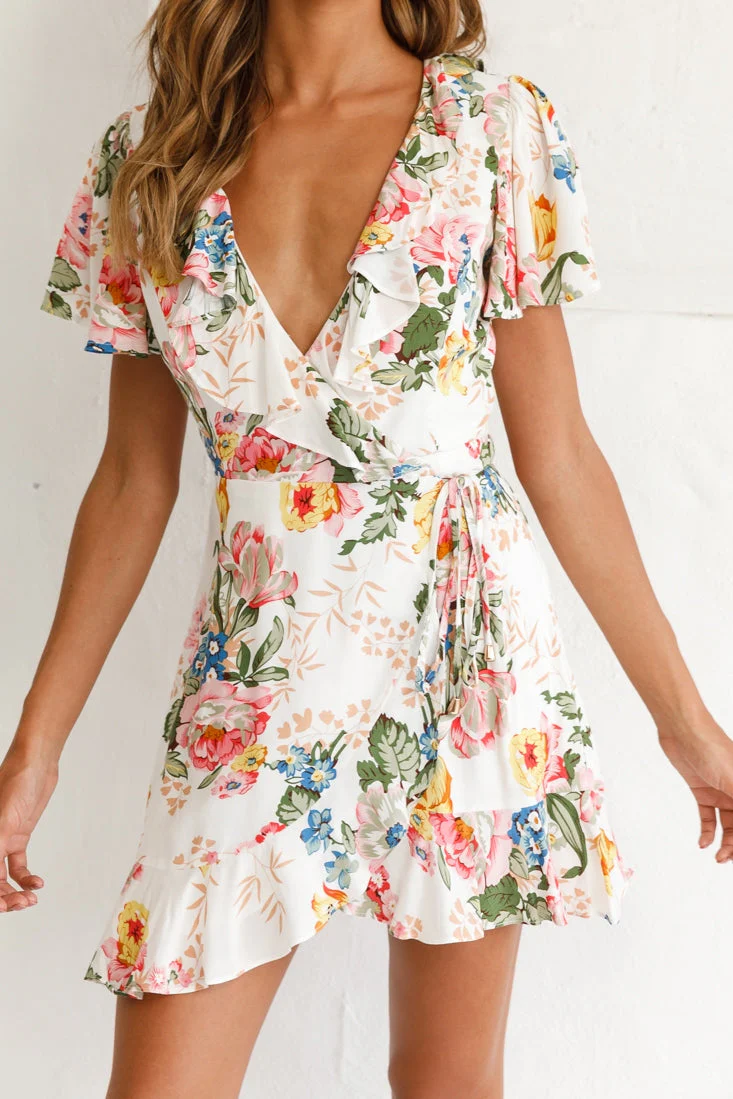 Love Story Angel Sleeve Wrap Dress Floral Print White - Image 4