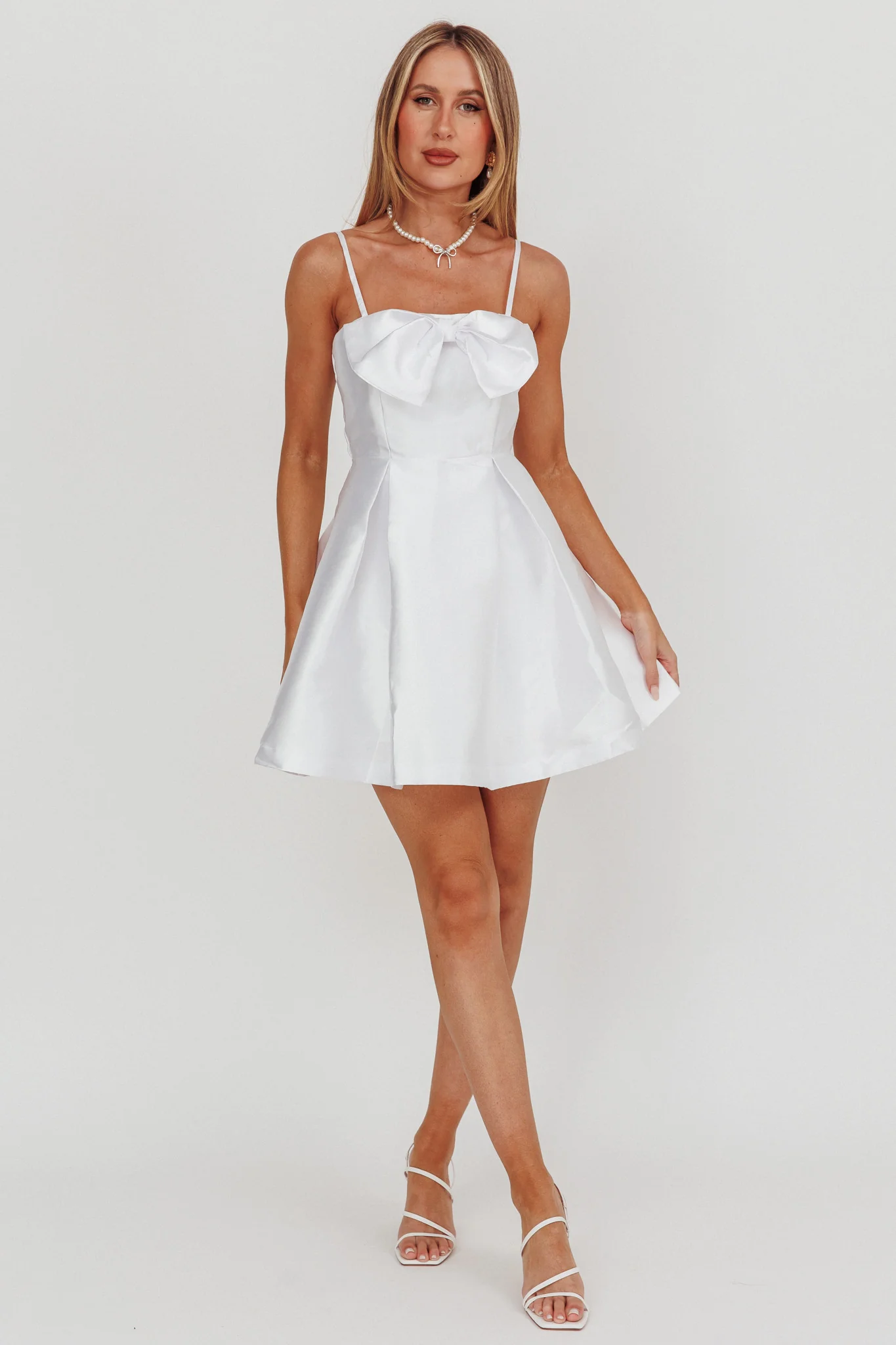 Love Talk Flared Bow Mini Dress White - Image 3