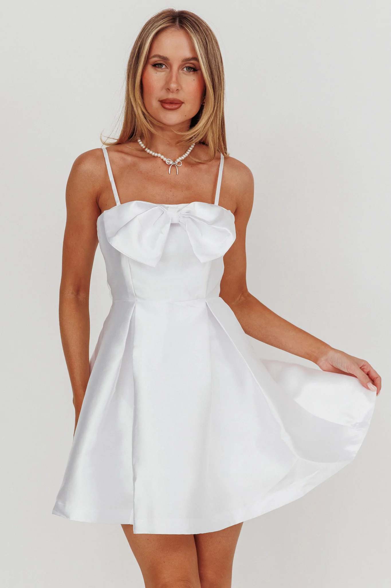 Love Talk Flared Bow Mini Dress White - Image 5